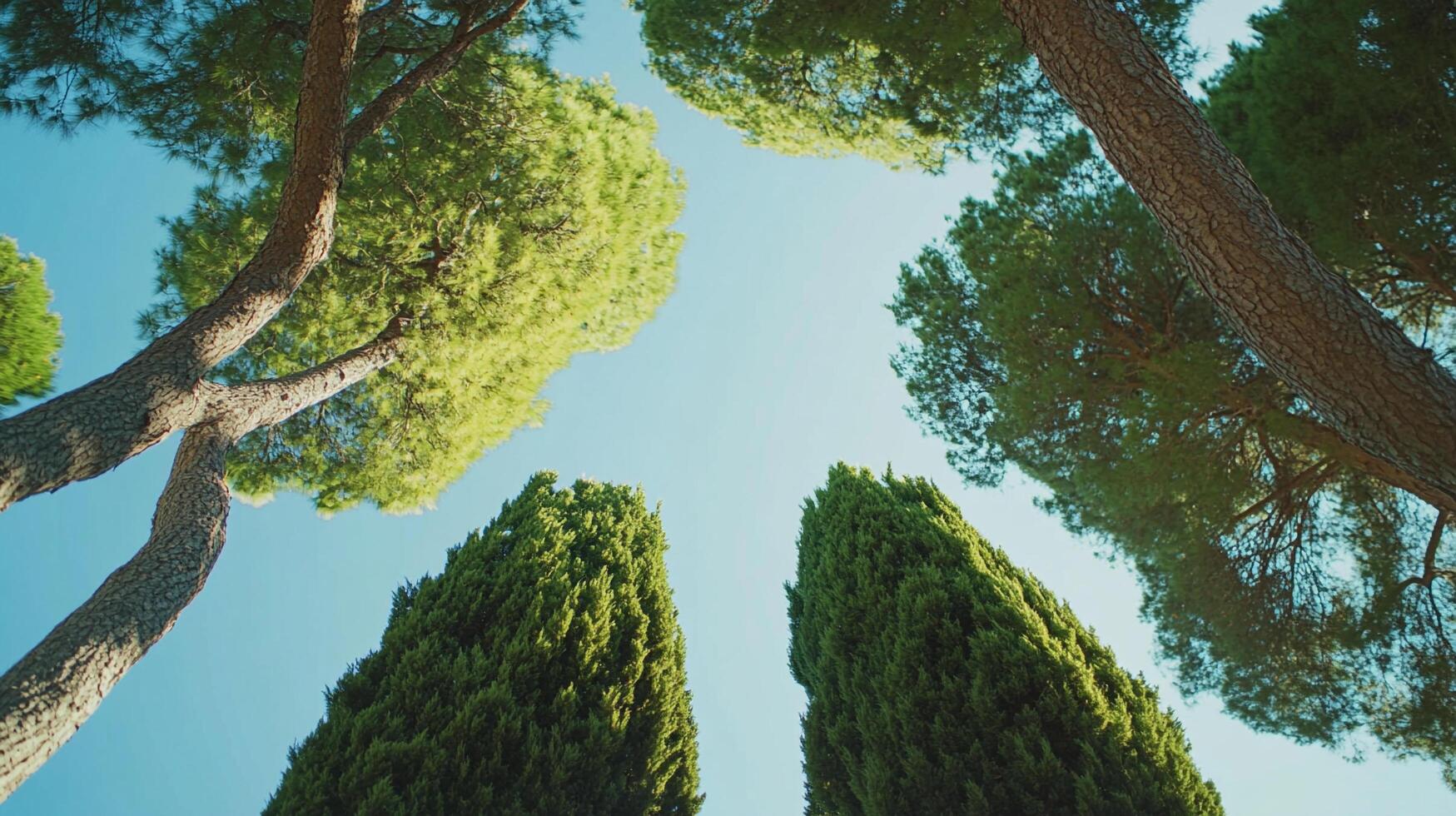 Looking up at tall trees against a blue sky on a sunny day. Branches reach upward, creating a peaceful and calming scene. photo