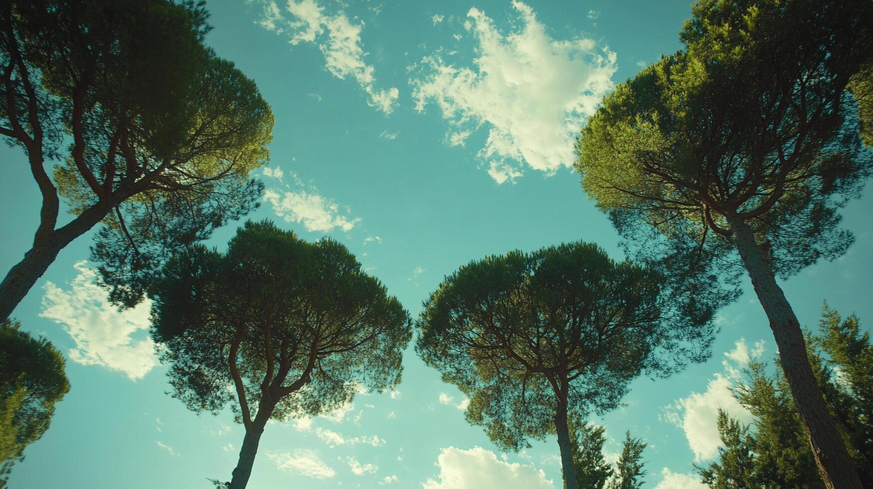 A scenic view from below tall trees with a clear, blue sky filled with fluffy white clouds on a bright day in a peaceful, serene forest. photo
