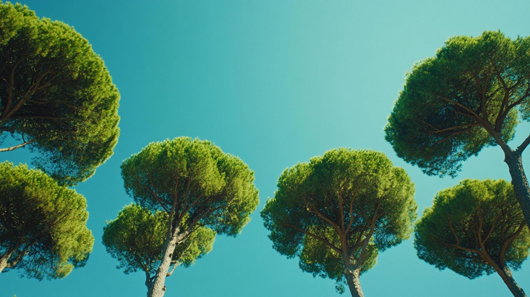Looking up at a group of trees against a bright blue sky, creating a natural canopy of green foliage and a serene atmosphere. photo