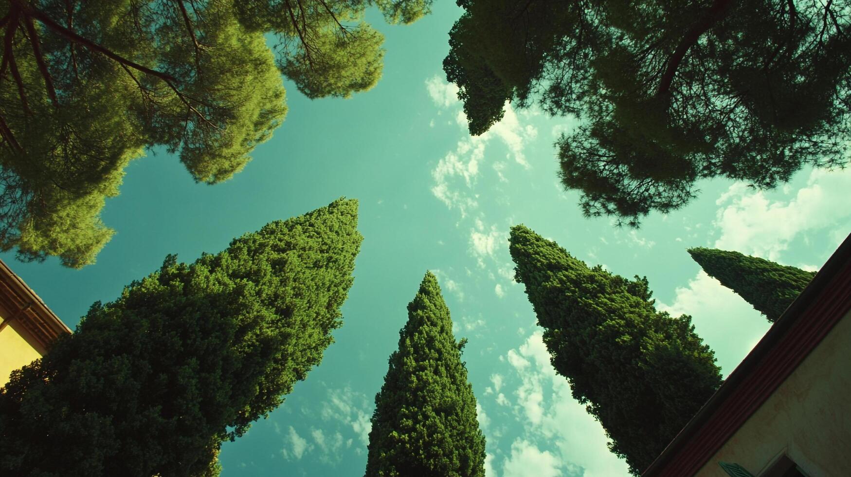 A verdant canopy against a vibrant sky, with a perspective from below, where nature meets architectural shapes and a touch of serenity. photo