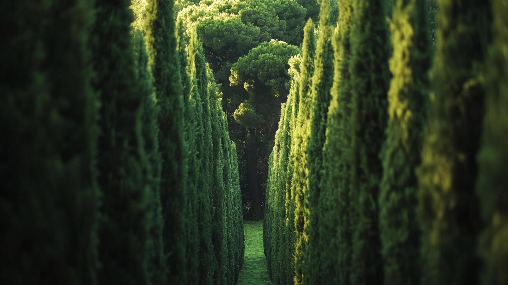 A serene path leads through towering green trees, creating a natural corridor of tranquil beauty in a lush forest environment. photo