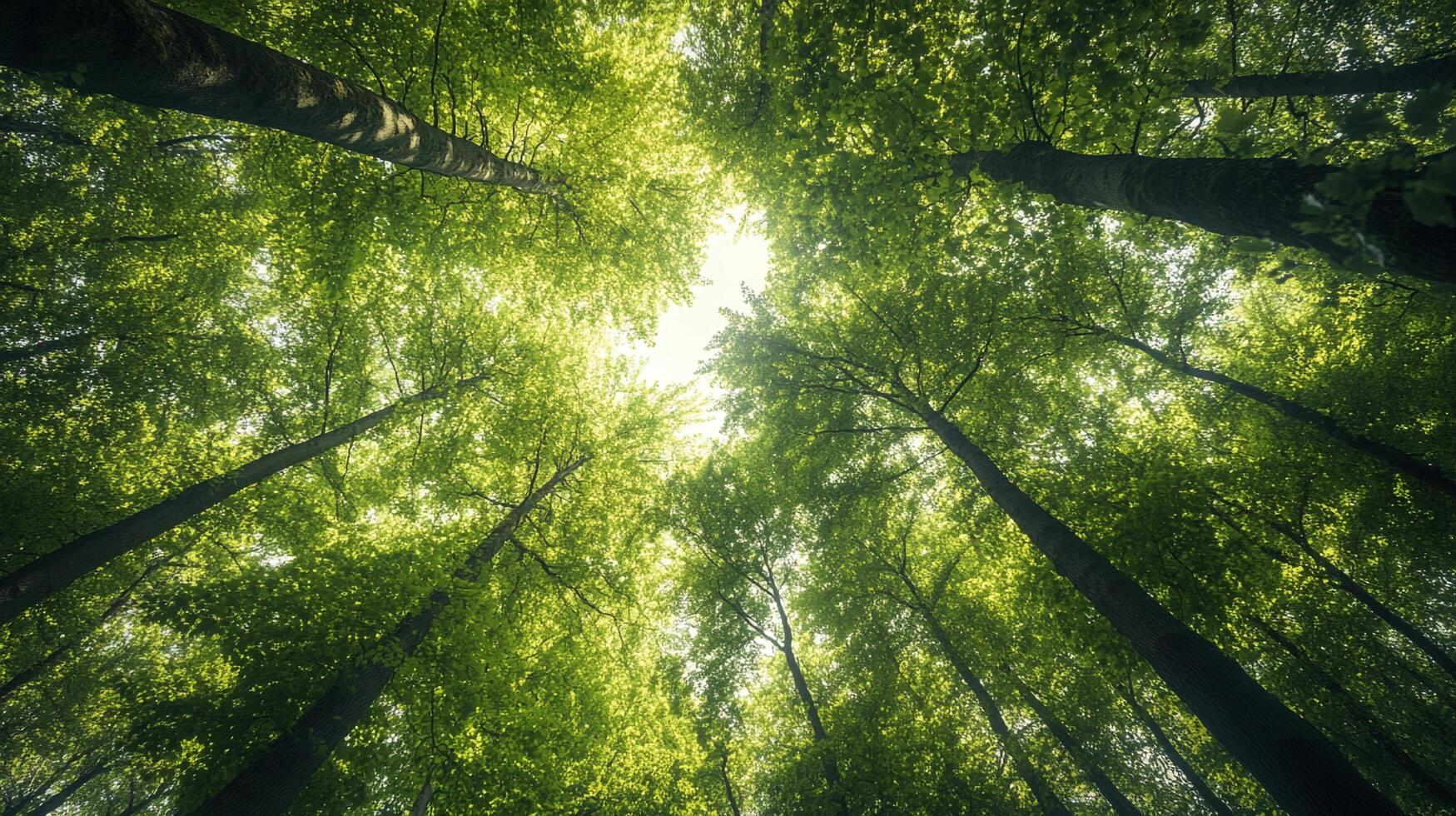 A forest canopy overhead, filled with green leaves and the bright sky, shows off nature's beauty and the scale of the forest landscape. photo