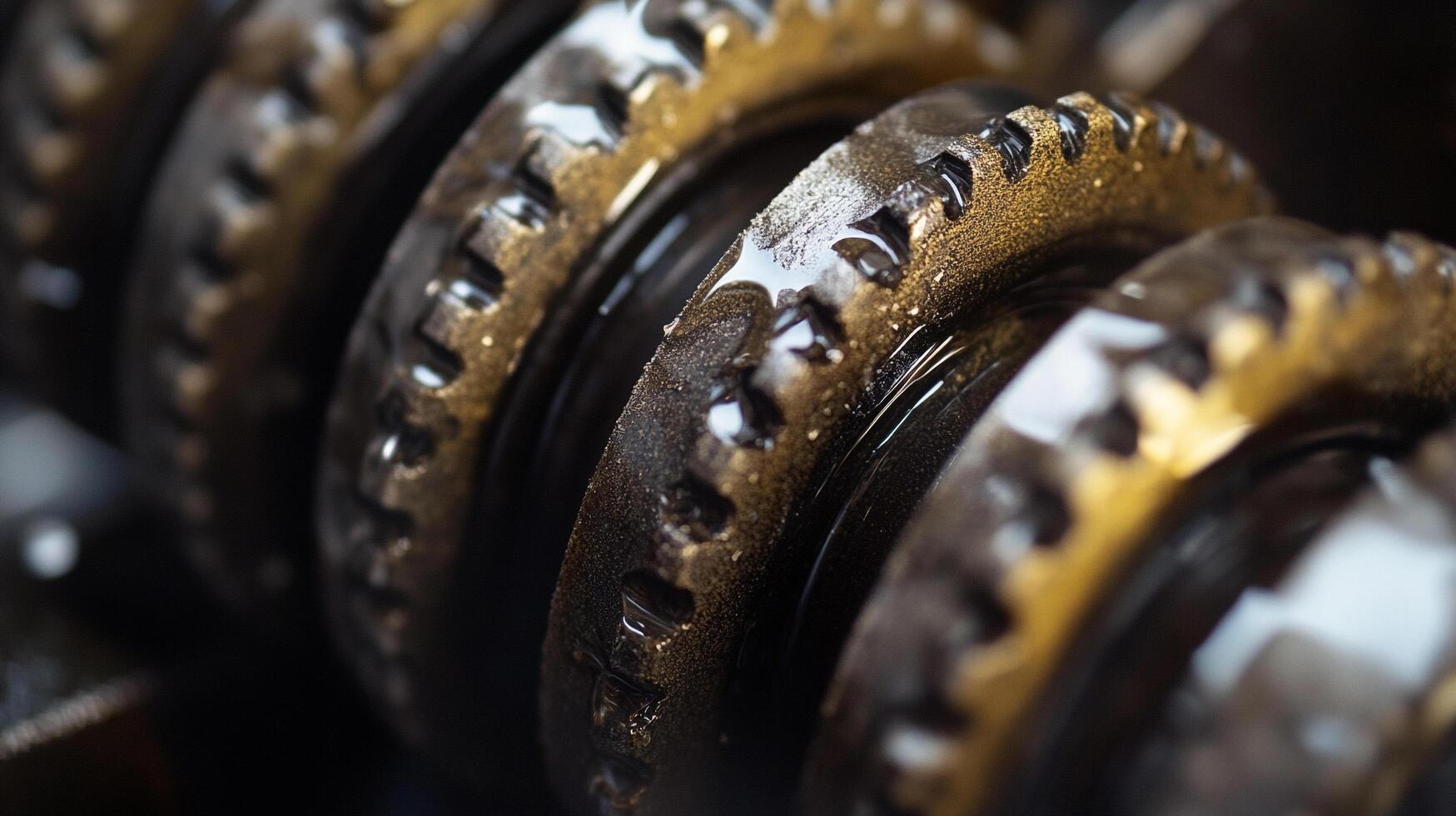 Close-up of a section of weathered gear components, showing signs of wear and lubrication, emphasizing industrial texture and mechanical detail. photo