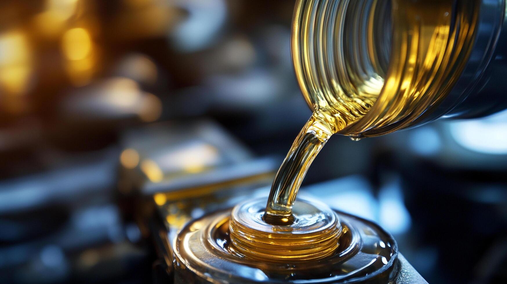 Golden fluid stream filling a silver container, reflecting light in a shiny metal environment. Automotive maintenance concept. photo