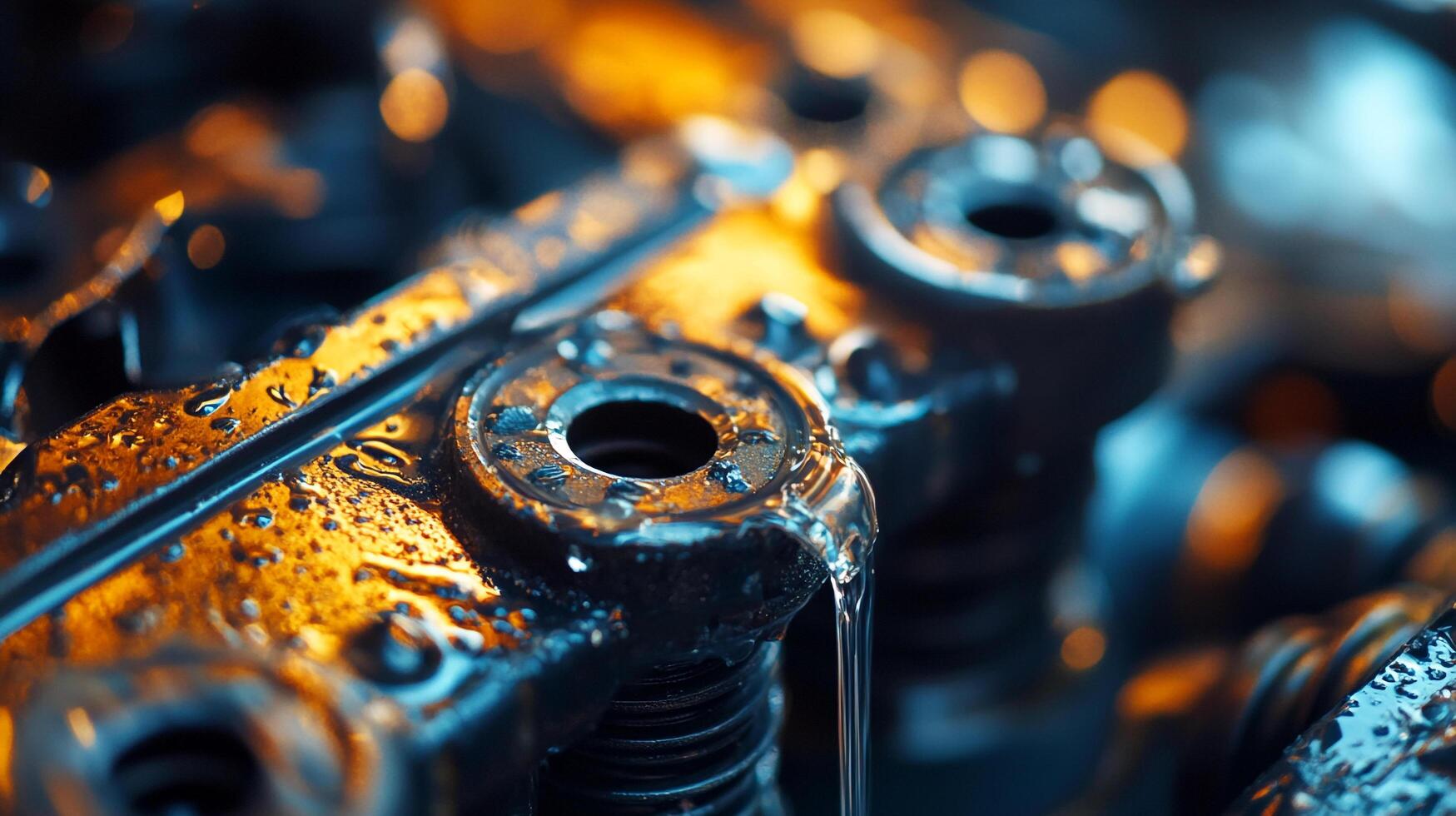 Detailed shot of a wet, metallic mechanical part, reflecting blue and orange hues, with water droplets and a stream running down. photo