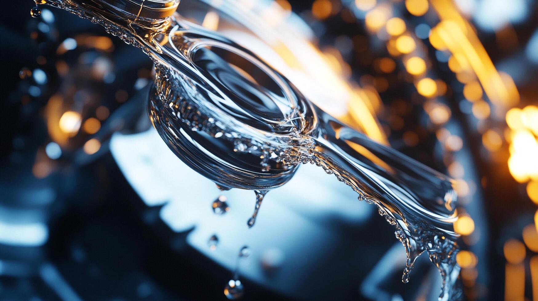 Water elegantly cascades and drips from a sculpted metallic form, accented by a bokeh backdrop, creating a mesmerizing interplay of light and liquid. photo