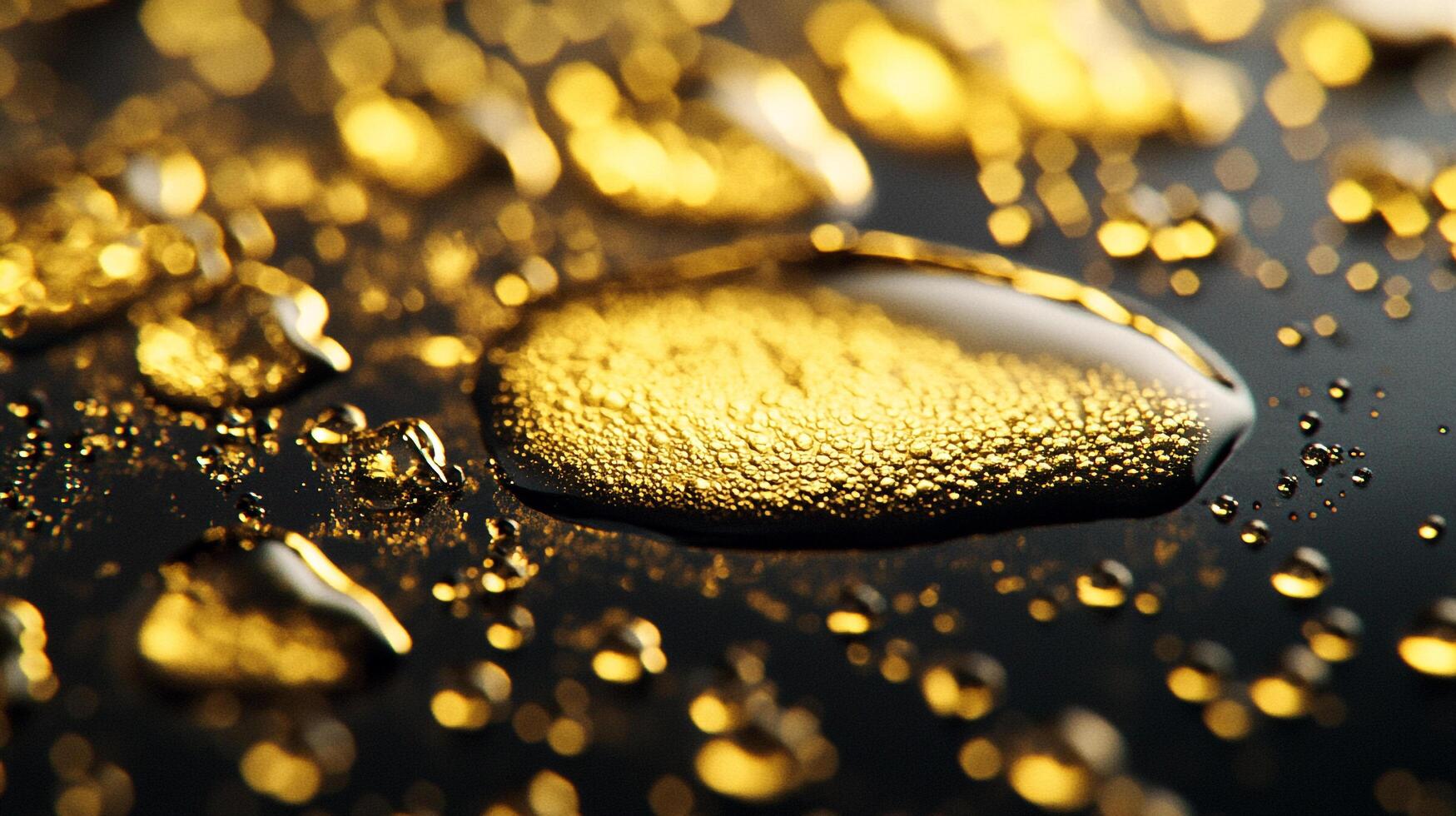 Golden water droplets on black background. Macro photograph of water droplets. Abstract wet background. photo