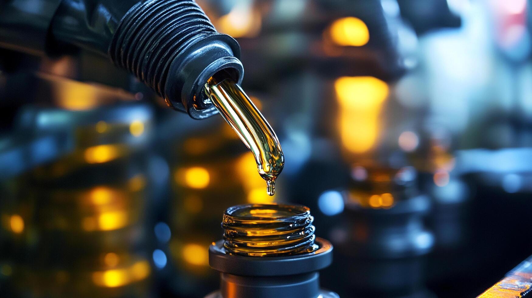 Golden fluid streams into a bottle, showcasing the process of pouring and filling, set against a blurred background. Close up shot. photo