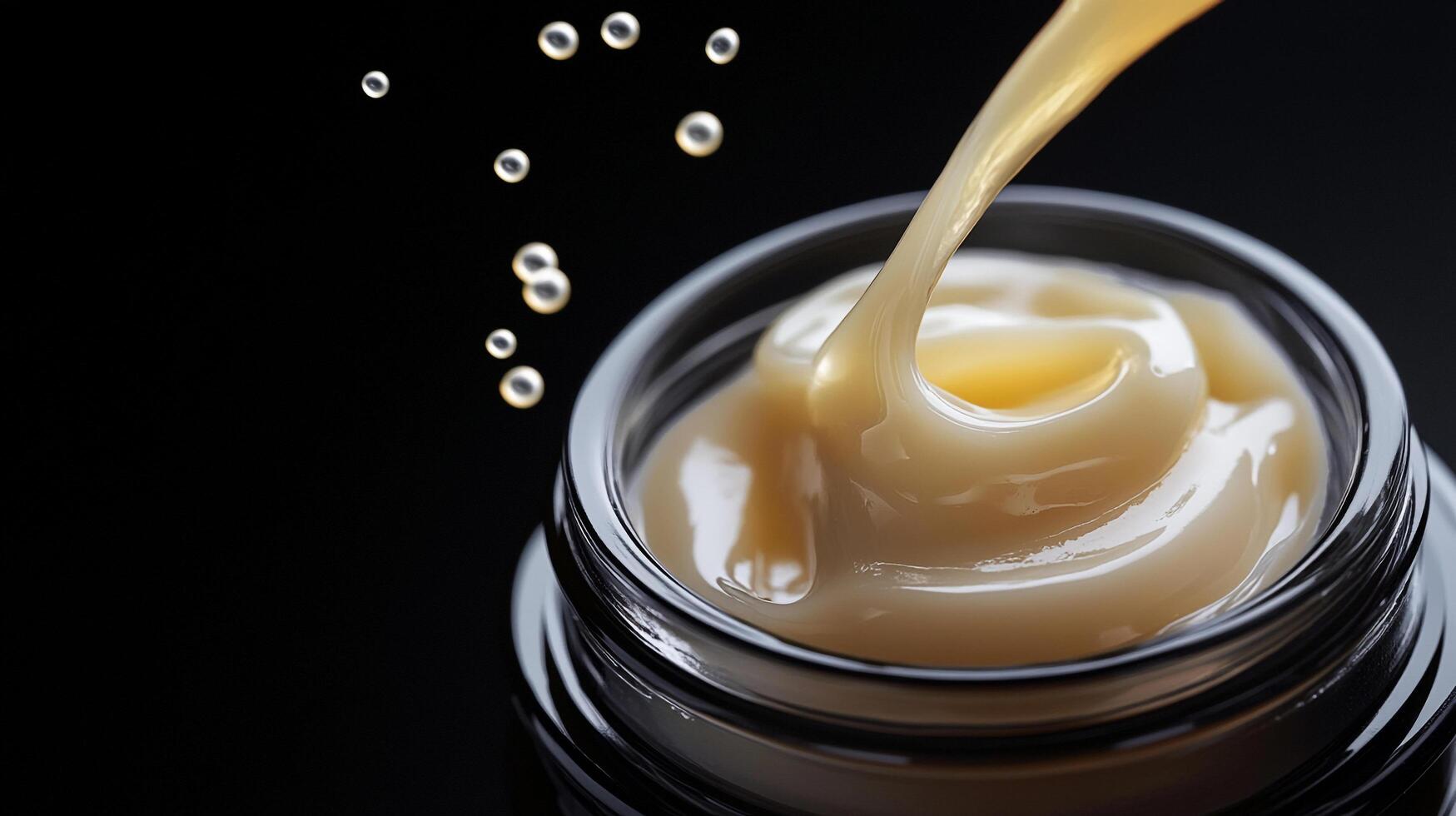 Luxurious cream texture cascading into a jar against a dark backdrop, enhanced by floating beads, showcasing skincare perfection. photo