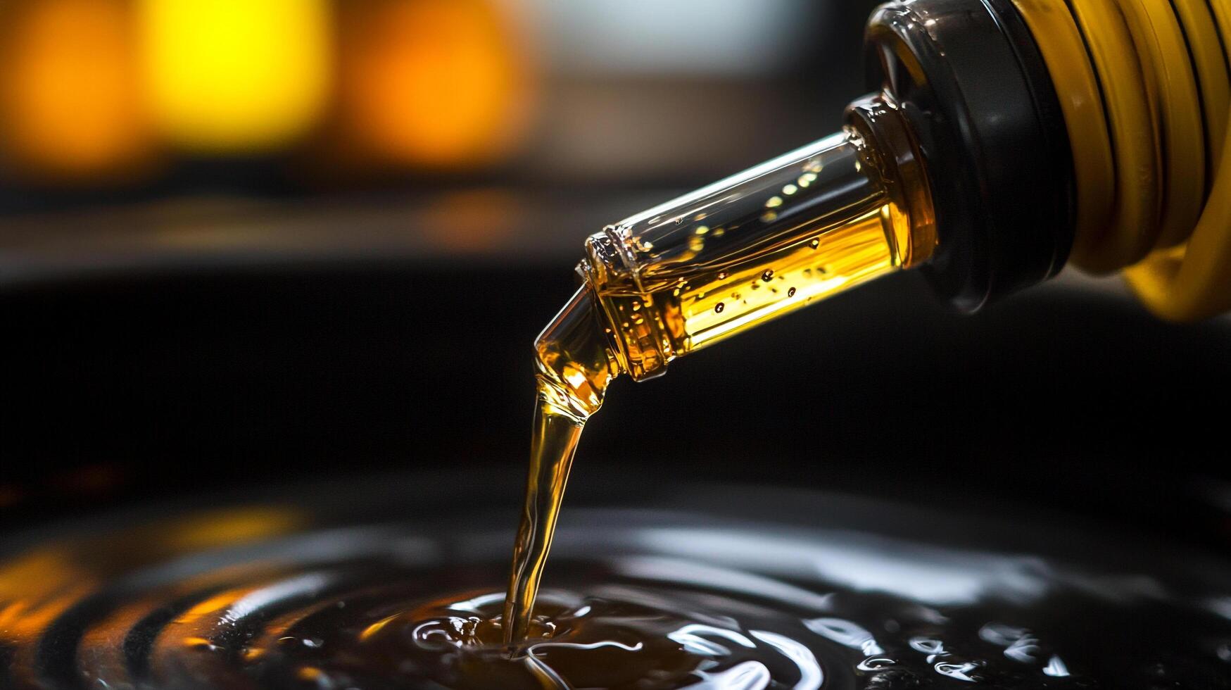 Liquid gold pours smoothly. Viscous fluid creating ripples in a dark pool. Suggests lubrication, energy, or a smooth transition. photo