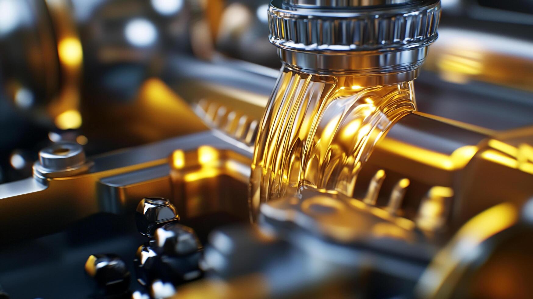 Close-up of glistening golden oil cascading over a metallic engine component, showcasing lubrication and precision in mechanics. photo