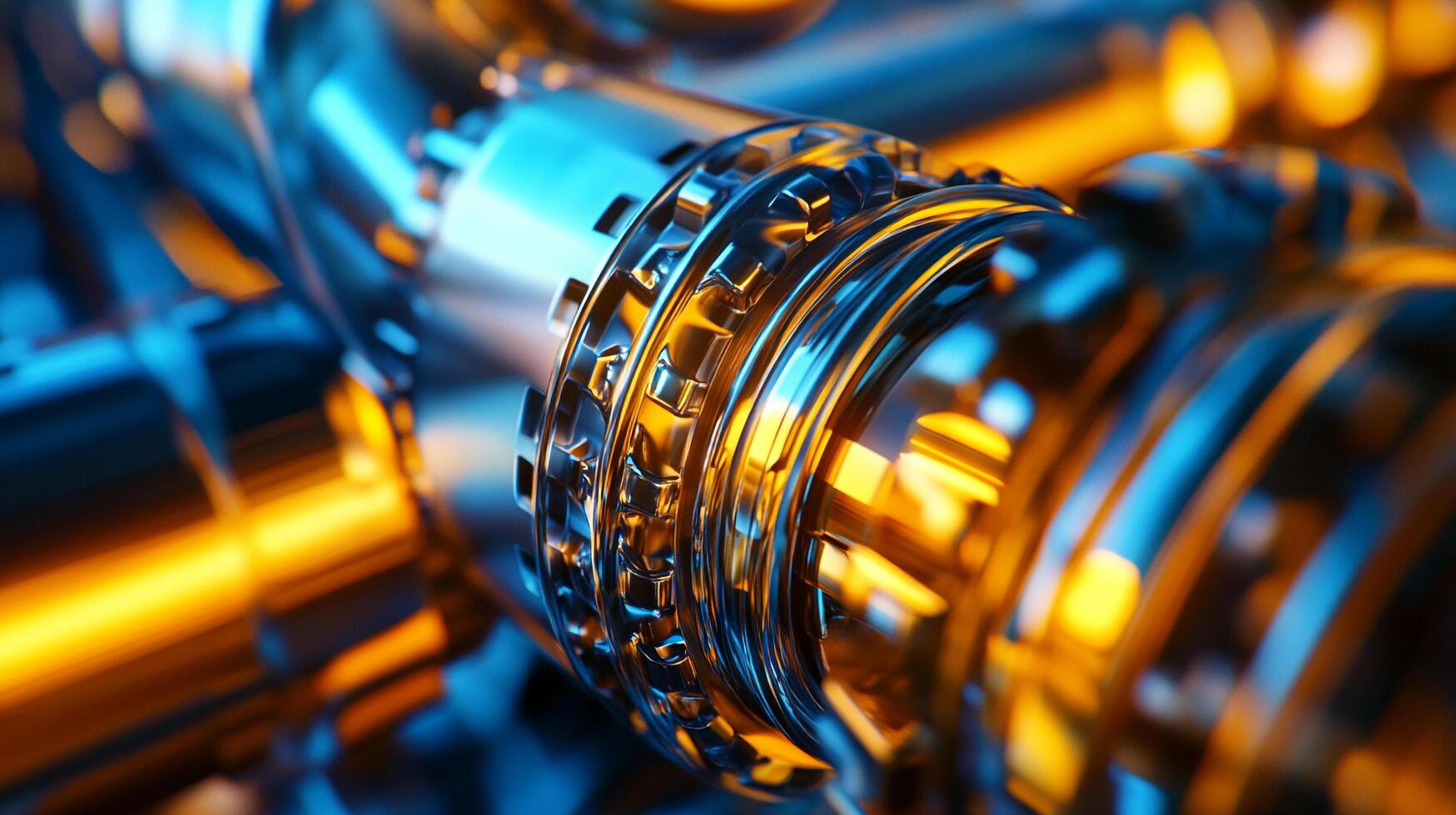 Close-up of intricate metal gears with blue and gold highlights, showcasing precision engineering and a dynamic interplay of colors. photo