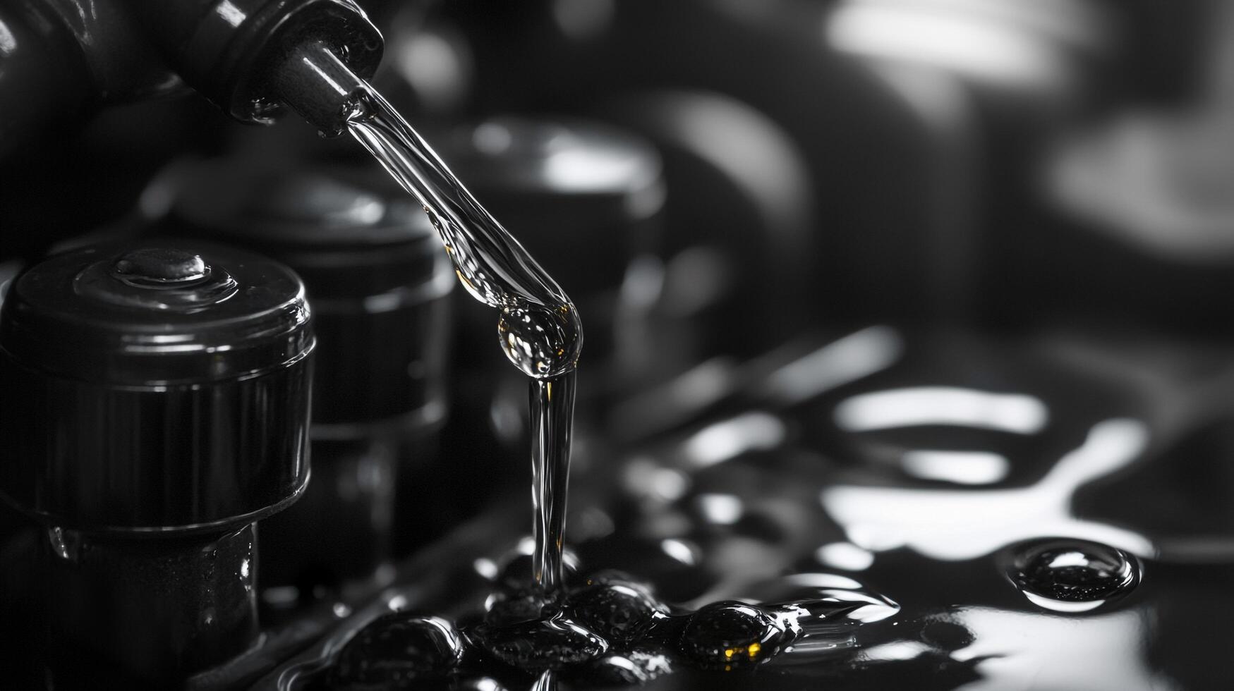 Close-up of clear liquid pouring from a nozzle onto a shiny, dark surface, creating a textured and reflective abstract composition. photo