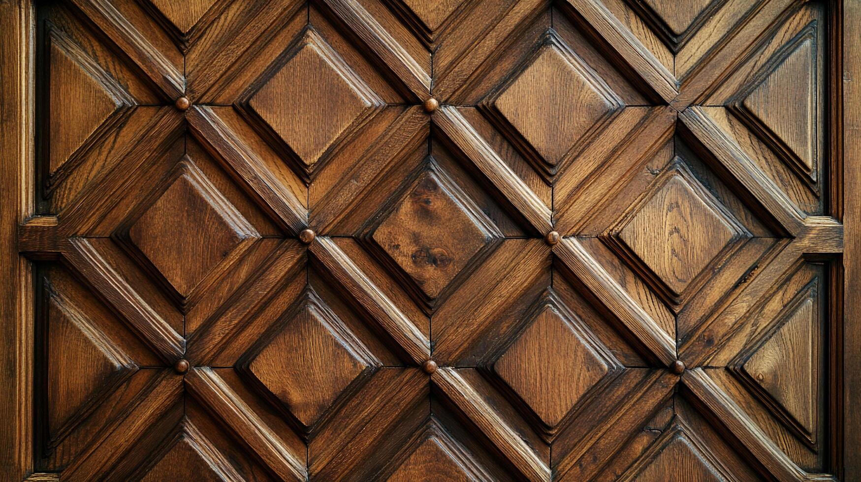 Detailed wooden surface showing carved diamond patterns and circular accents in a rich, warm tone offering texture and visual interest. photo