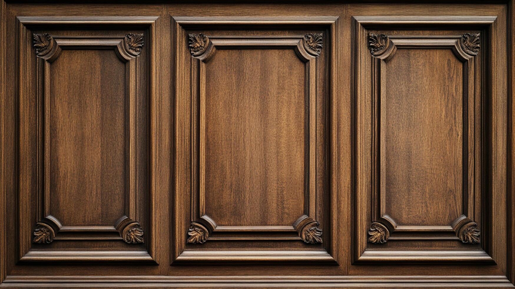 Elegant wood paneling with decorative carvings, showcasing detailed craftsmanship and rich brown tones, perfect for sophisticated interiors. photo