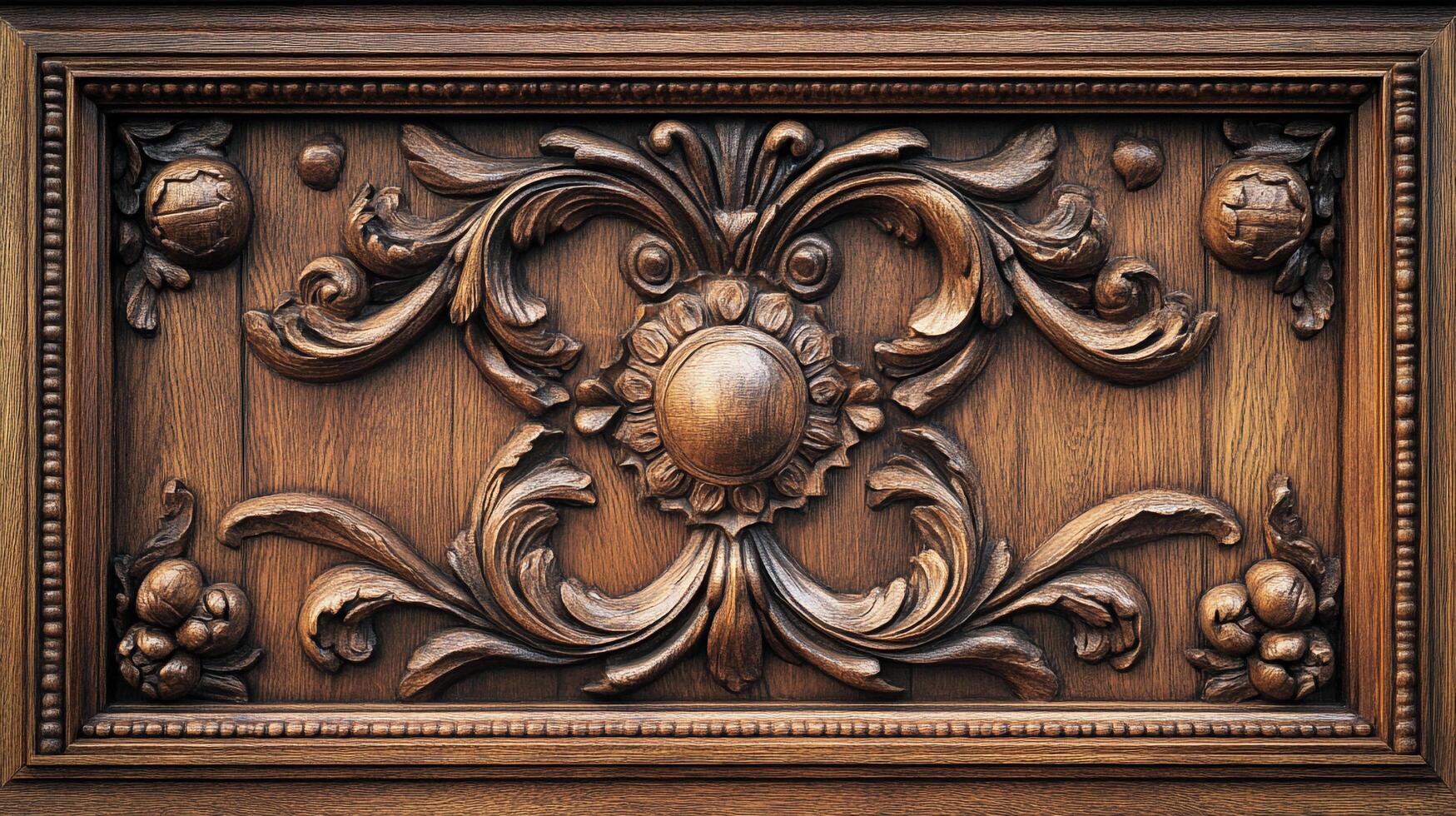 Detailed wood carving with floral and leaf motifs. Intricate craftsmanship showcased in a symmetrical design. Warm, inviting texture. photo