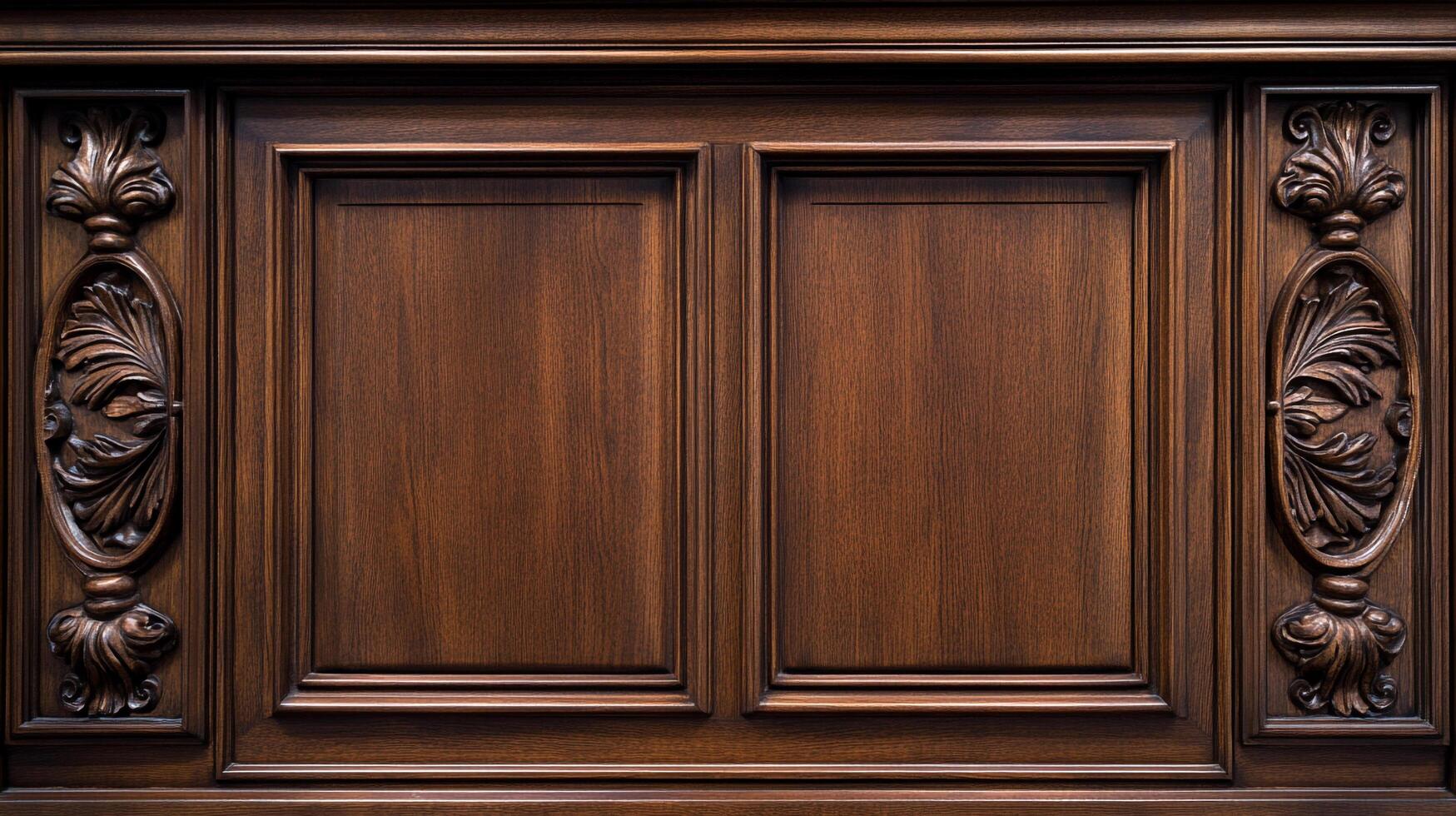 Intricate, dark wood cabinetry shows off traditional millwork and carved details. A classic addition to any home's interior design. photo