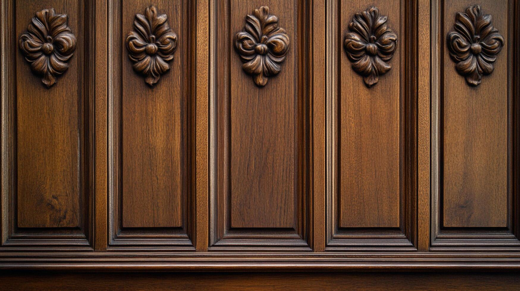 Ornate, dark wooden paneling showcases intricate carved floral details, radiating timeless elegance and craftsmanship in home furnishing. photo