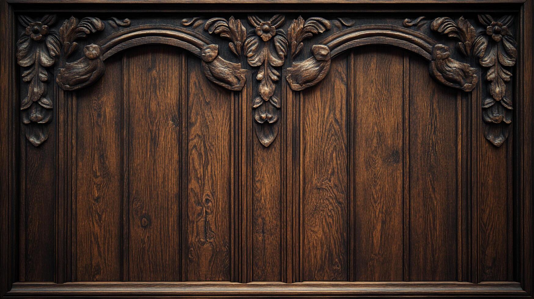 Ornate wood paneling with dark finish. Beautifully carved details add character and dimension. Perfect for adding a classic touch. photo