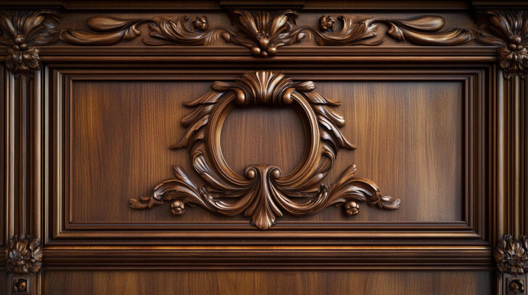 Detailed ornamental wooden panel with ring-shaped carvings and floral patterns, radiating sophistication and classic elegance. photo