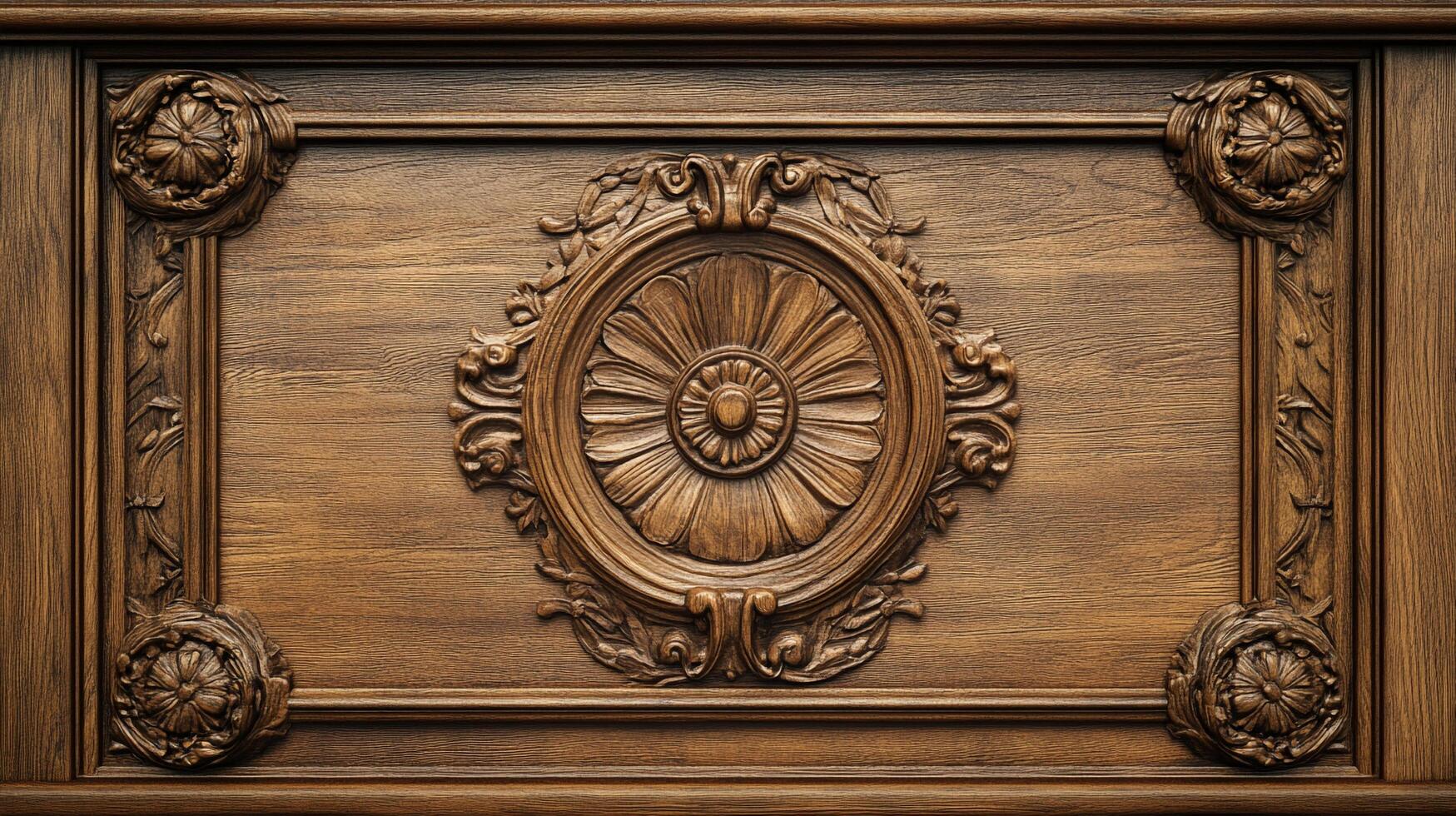 Elegant wood panel featuring intricately carved floral and leaf motifs with a warm, natural finish for classic sophistication. photo