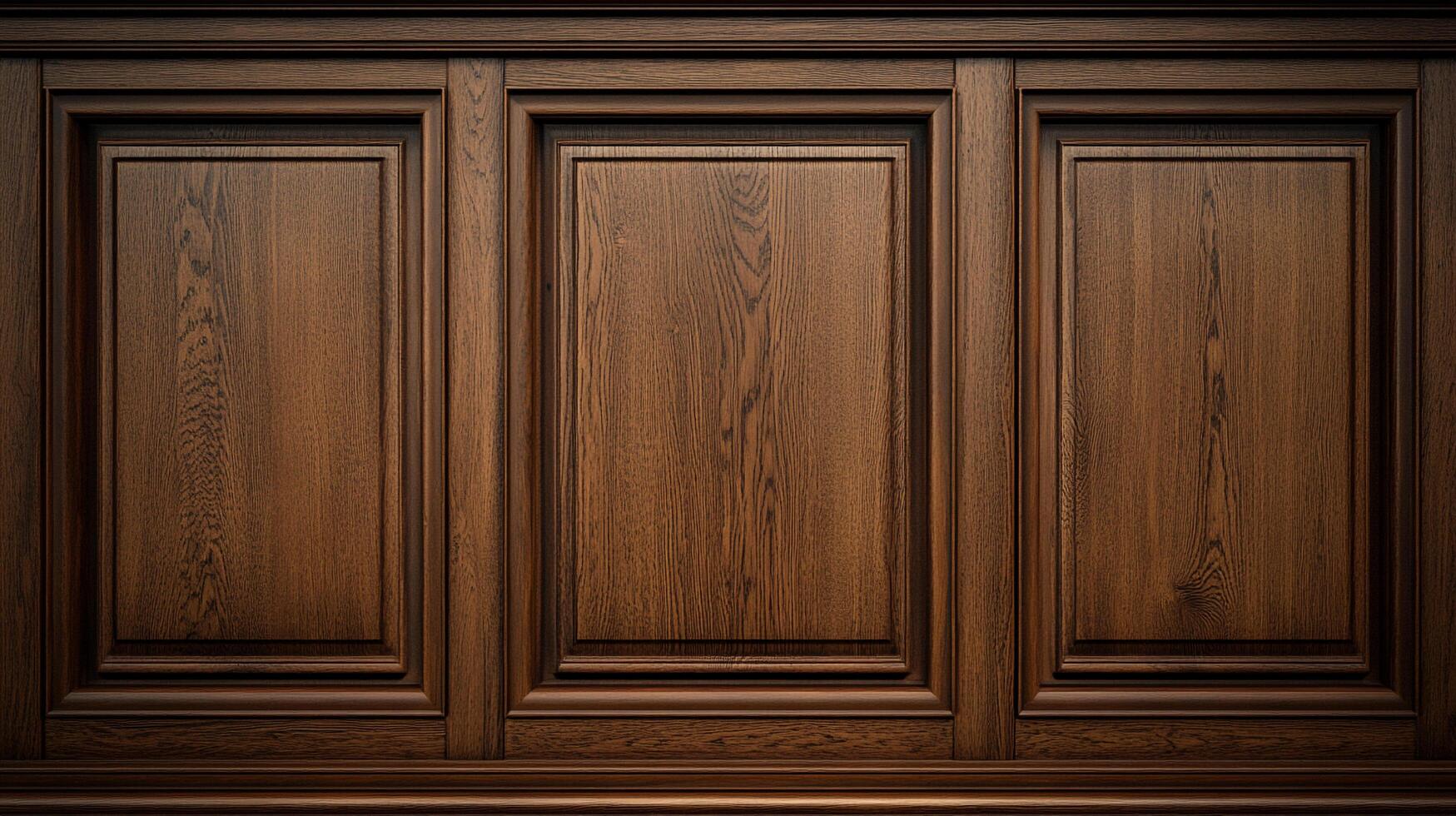 Detailed view of a paneled wooden wall showcasing a deep, rich brown finish with fine grain details and classic raised panel design. photo