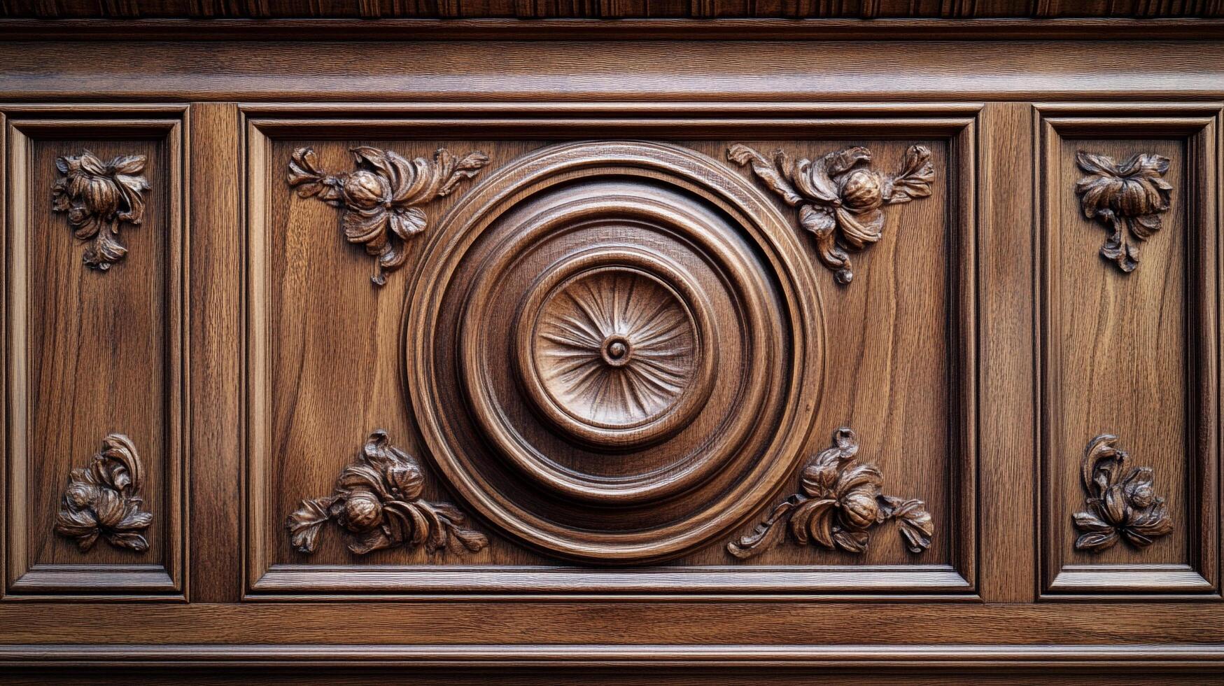 Detailed wood carving shows circular design and floral motifs on a warm brown surface, intricate patterns and craftsman detail. photo