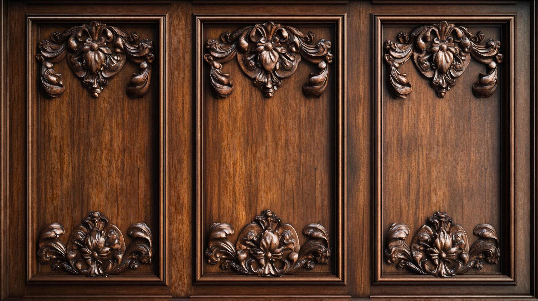 Ornate wooden panels showcasing exquisite carvings. Rich, warm tones highlight the intricate details and craftsmanship of the wood. photo
