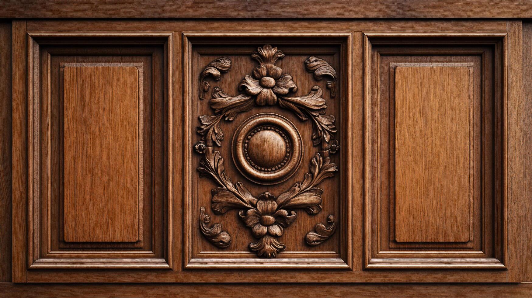 Ornate wood panel featuring central floral carvings, framed by raised panel sections. Rich, warm tones accentuate the detailed craftsmanship. photo