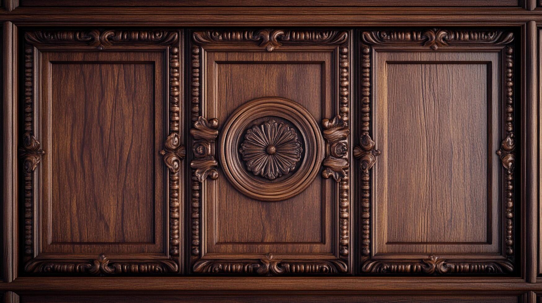A close-up showcases an intricately carved wooden panel, its ornate design and rich, dark wood grain adding a touch of timeless elegance. photo