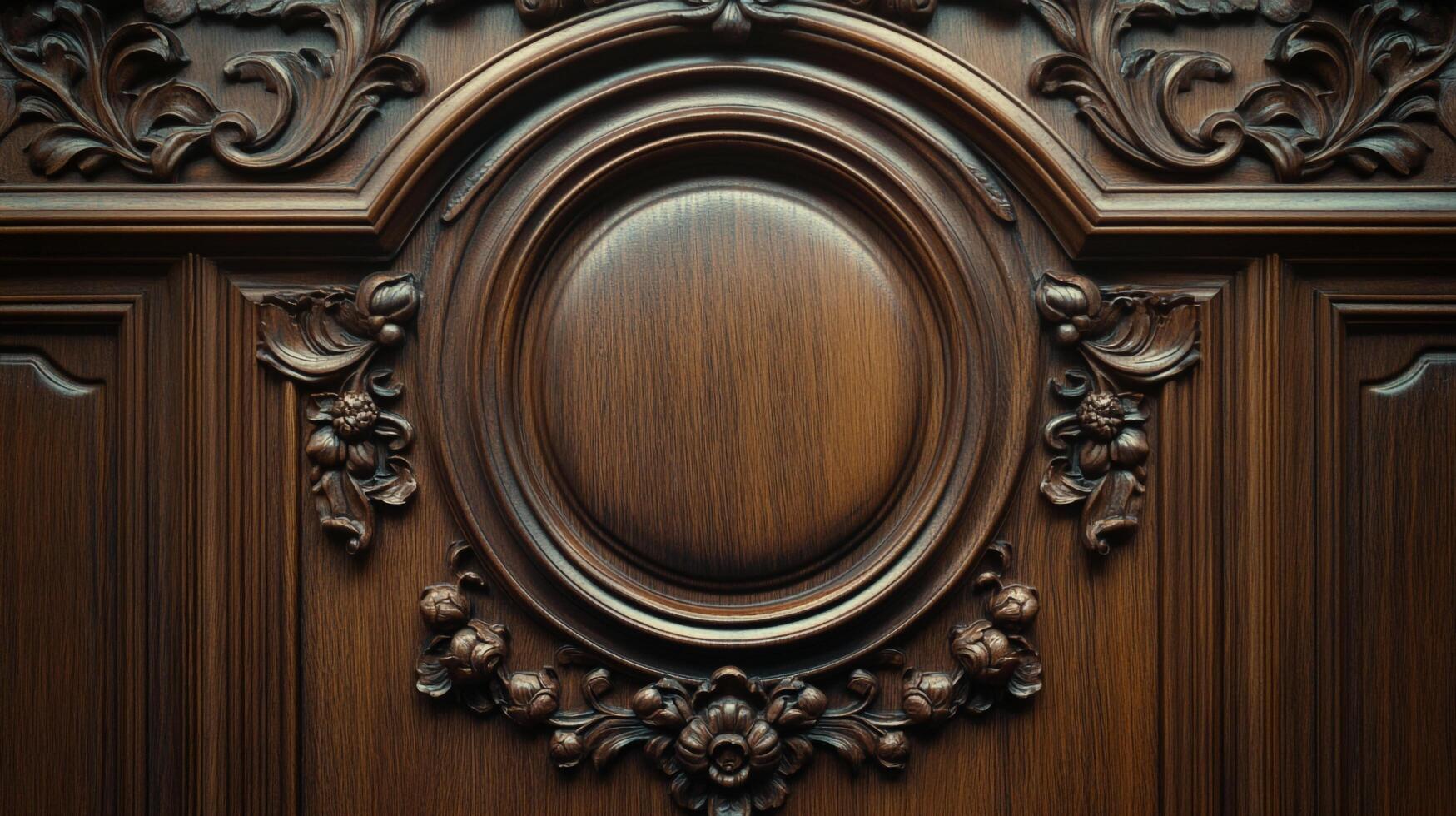 Elegant woodwork featuring intricate carvings and a smooth, rounded central design. Classic craftsmanship highlighted in rich, warm tones. photo
