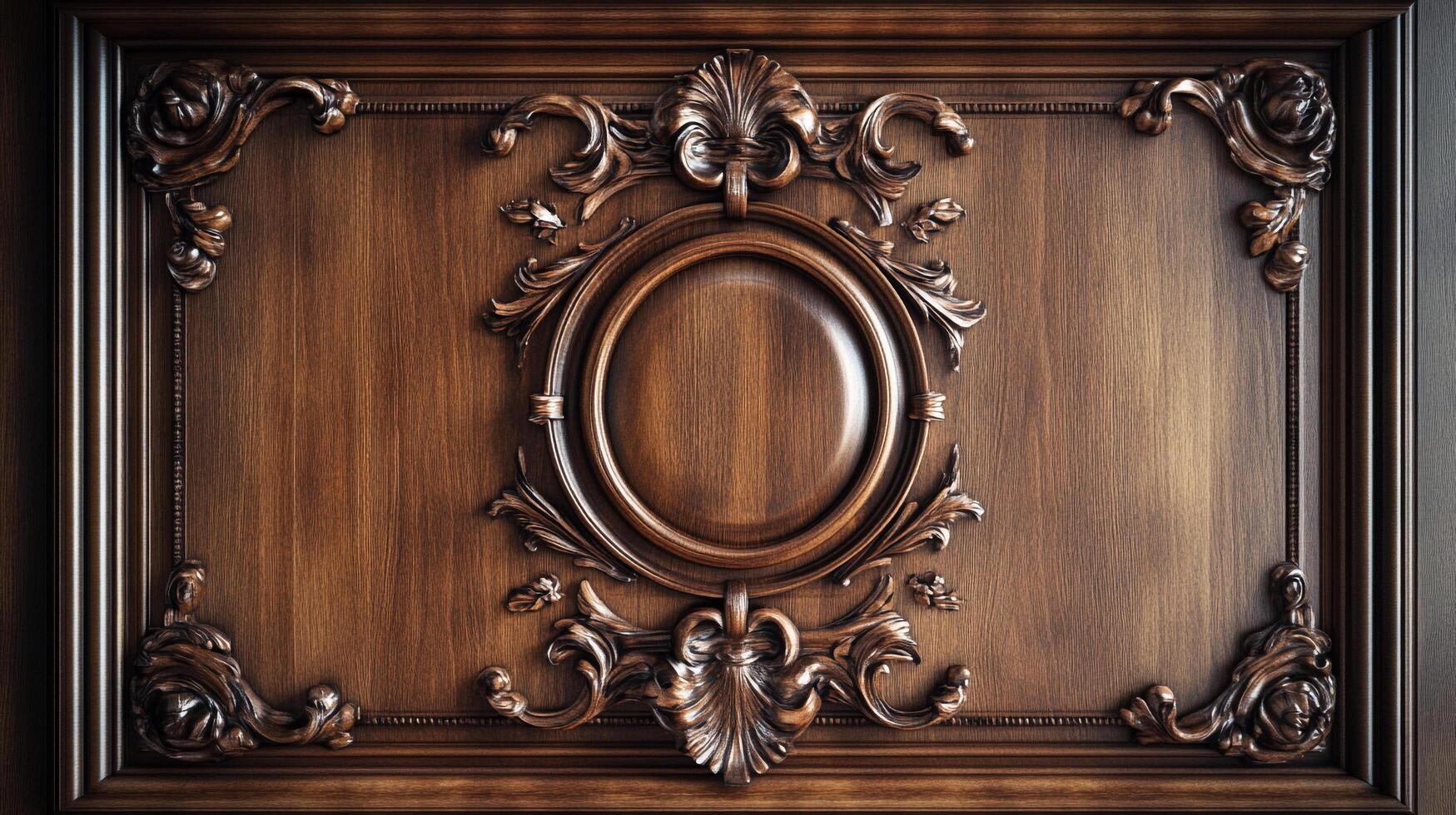 Ornate wood panel featuring a circular medallion surrounded by intricate carved floral details in a rich, brown, classical design aesthetic. photo