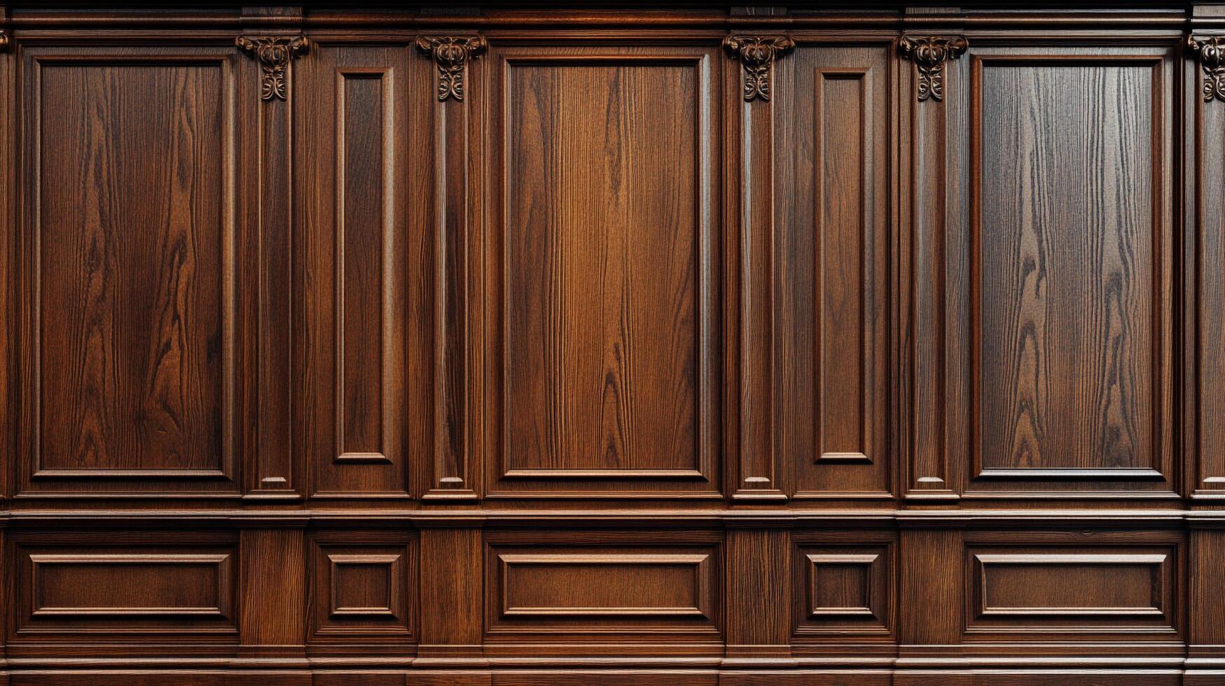 Detailed dark wood paneling with classic design, ideal for adding a touch of elegance and sophistication to interior design projects. photo
