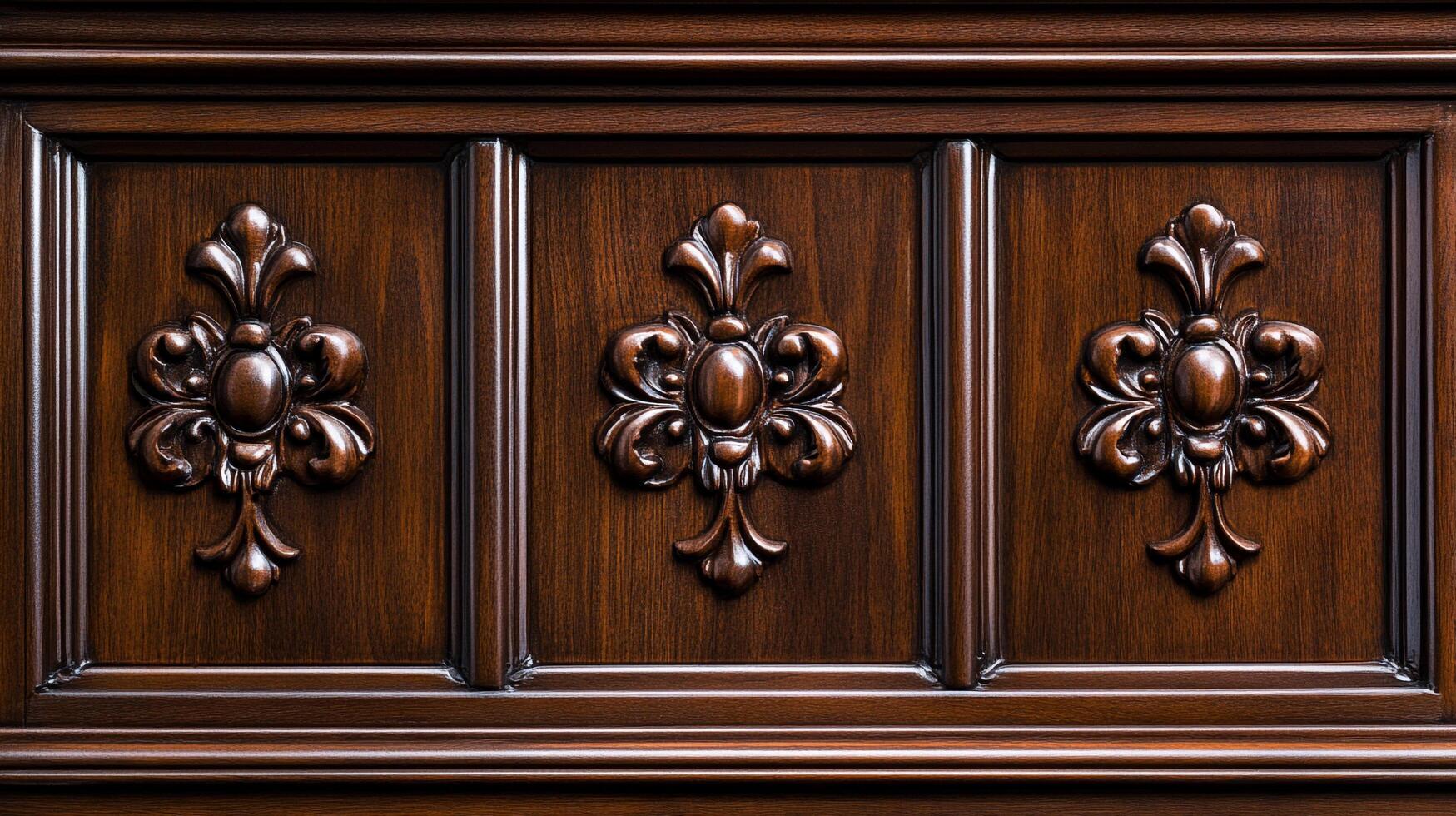 Exquisite wood paneling featuring ornate floral carvings, rich textures, and warm tones, perfect for sophisticated interiors. photo