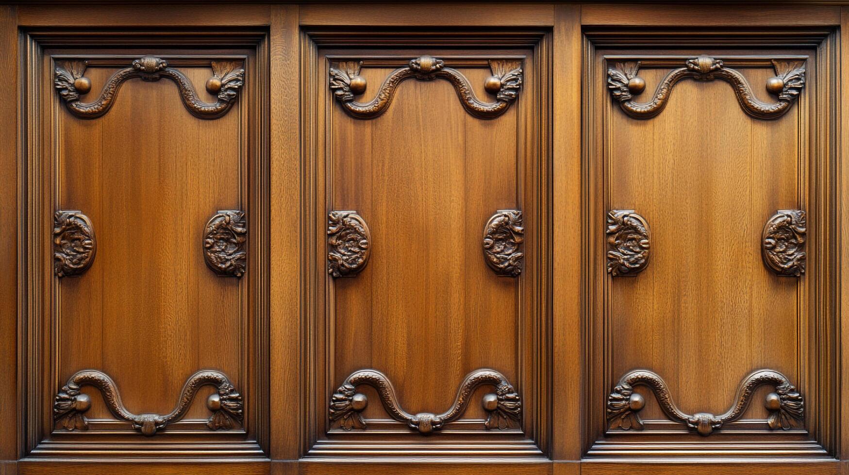 Detailed wood paneling showcasing symmetrical carvings. The grain and warm tones bring character to the architectural element. photo