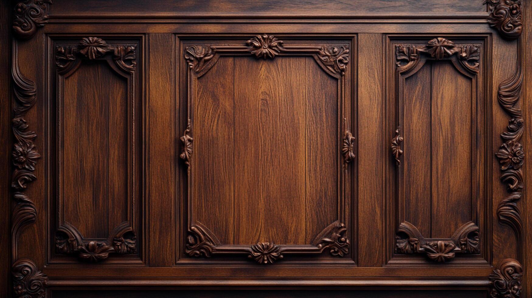 Detailed wood paneling reveals intricate carvings and rich, warm tones. Classic design meets meticulous craftsmanship in this refined piece. photo