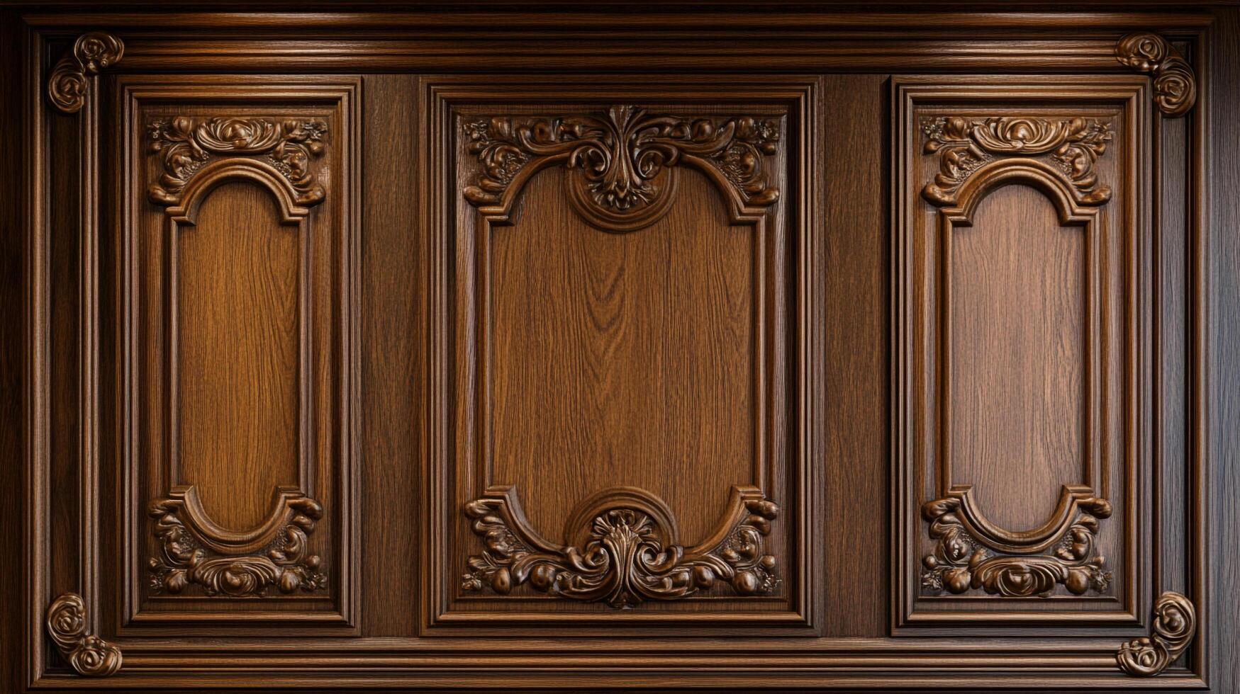Elaborate woodwork of a wall panel with intricate carvings creating an ornate design. It could be a door or furniture element. photo