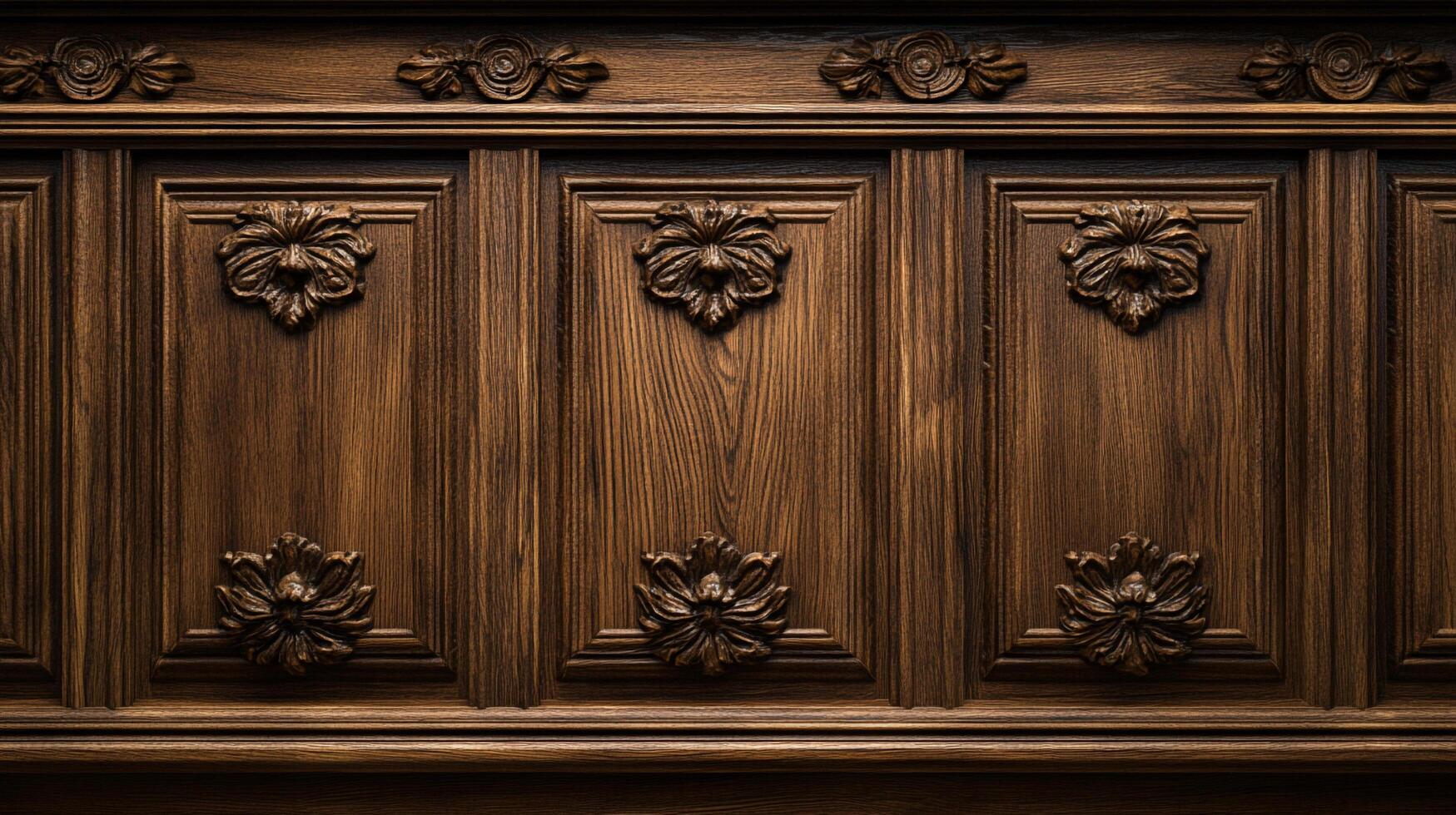 Intricately carved wooden panel features a rich, dark brown hue, showcasing detailed floral and foliate motifs in a symmetrical pattern. photo