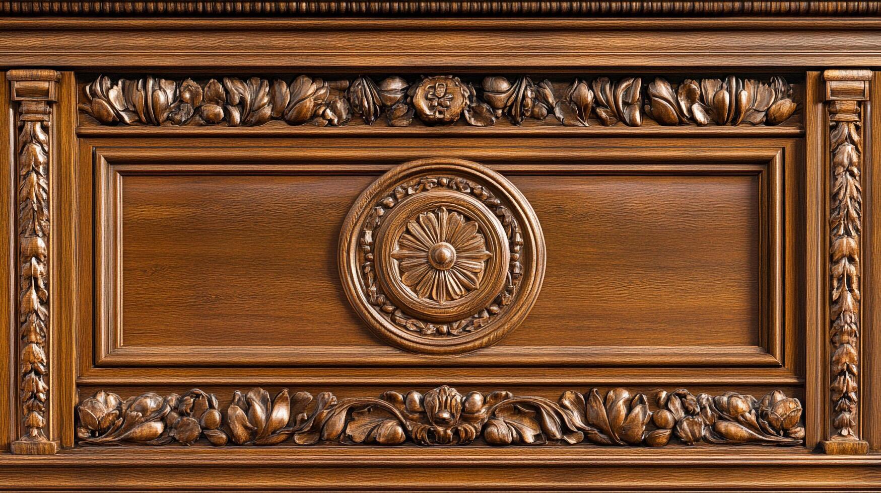 Detailed wood paneling with floral and geometric carvings adds rich texture and warmth. Classic design meets artisan craftmanship. photo