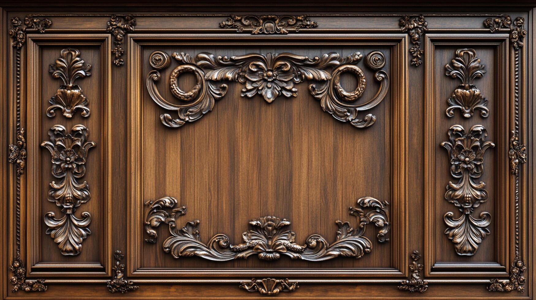 Ornate wooden panel with intricate carvings and rich textures. Traditional and decorative craftsmanship is evident in the detailed design. photo