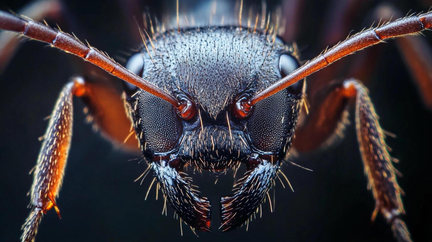 A detailed macro photograph captures the intense stare of an insect, revealing the intricate details of its face and antennae. photo