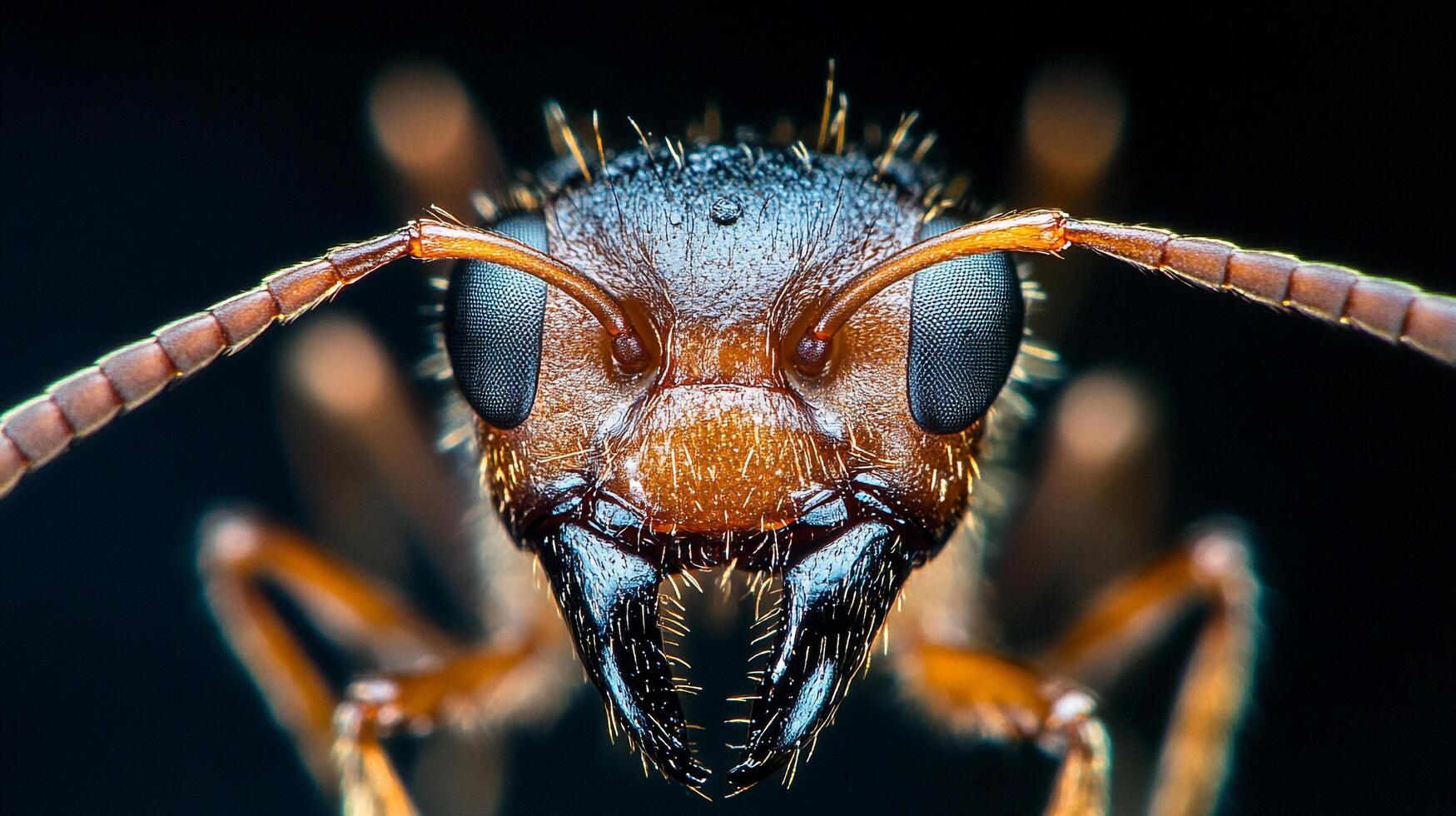 A macro shot reveals the intricate details of an ant's face, showcasing its large eyes, antennae, and formidable mandibles. photo