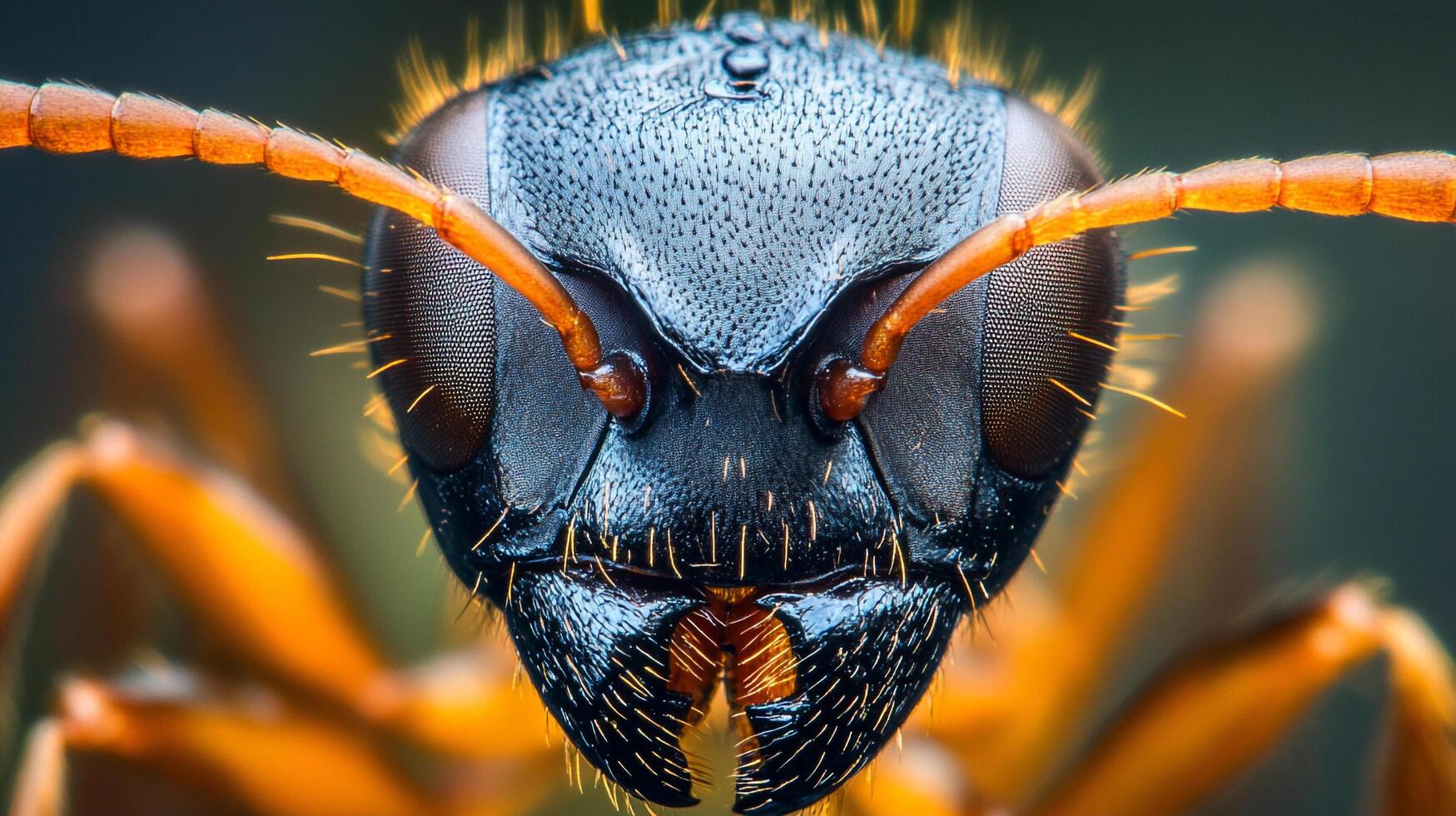 Detailed macro image of an ant's face showcases intricate features like antennae, compound eyes, and mandibles, revealing nature's complexity. photo