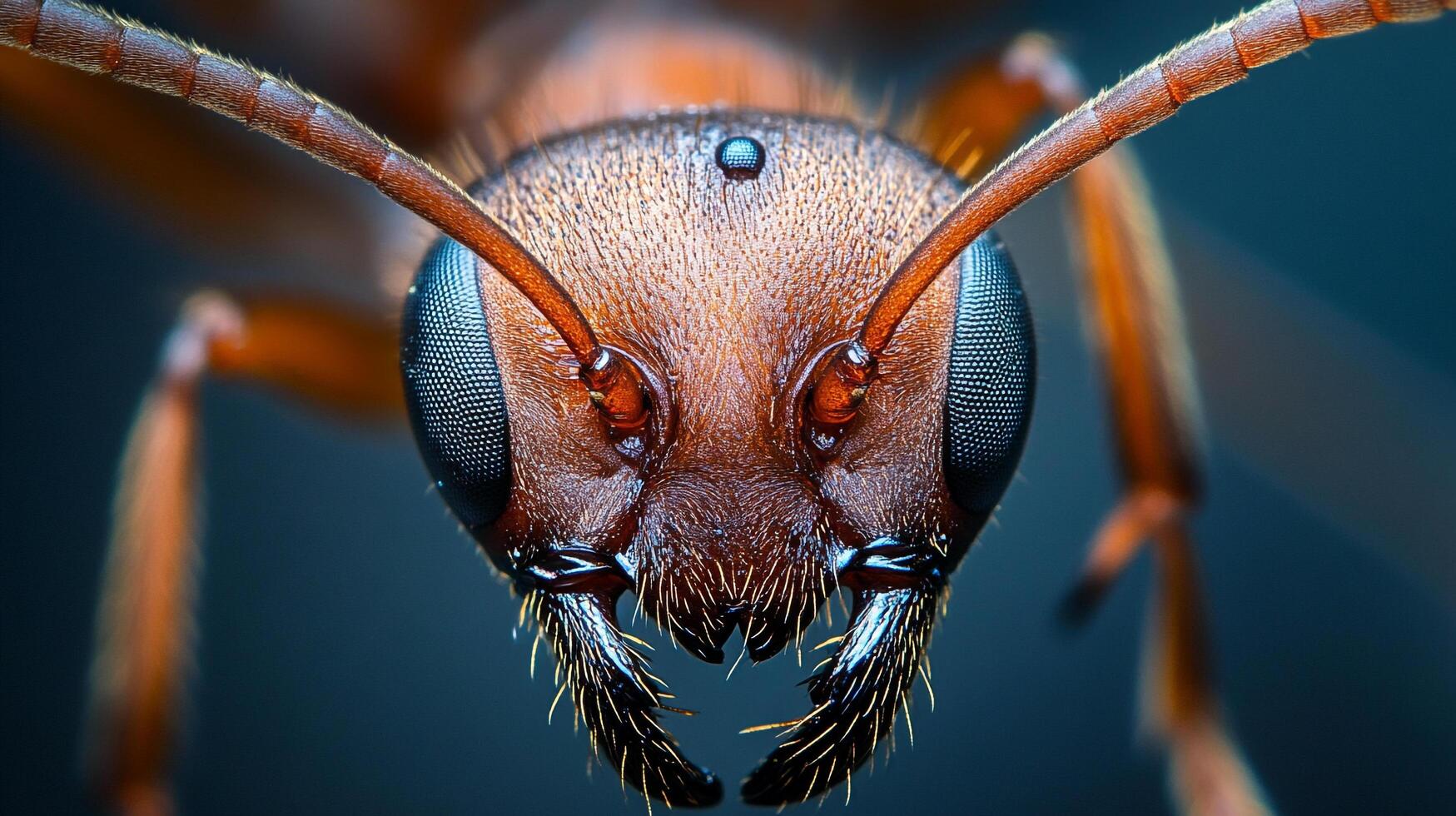 Extreme close-up of an ant's face reveals intricate details, showcasing its compound eyes, antennae, and mandibles in stunning clarity. photo