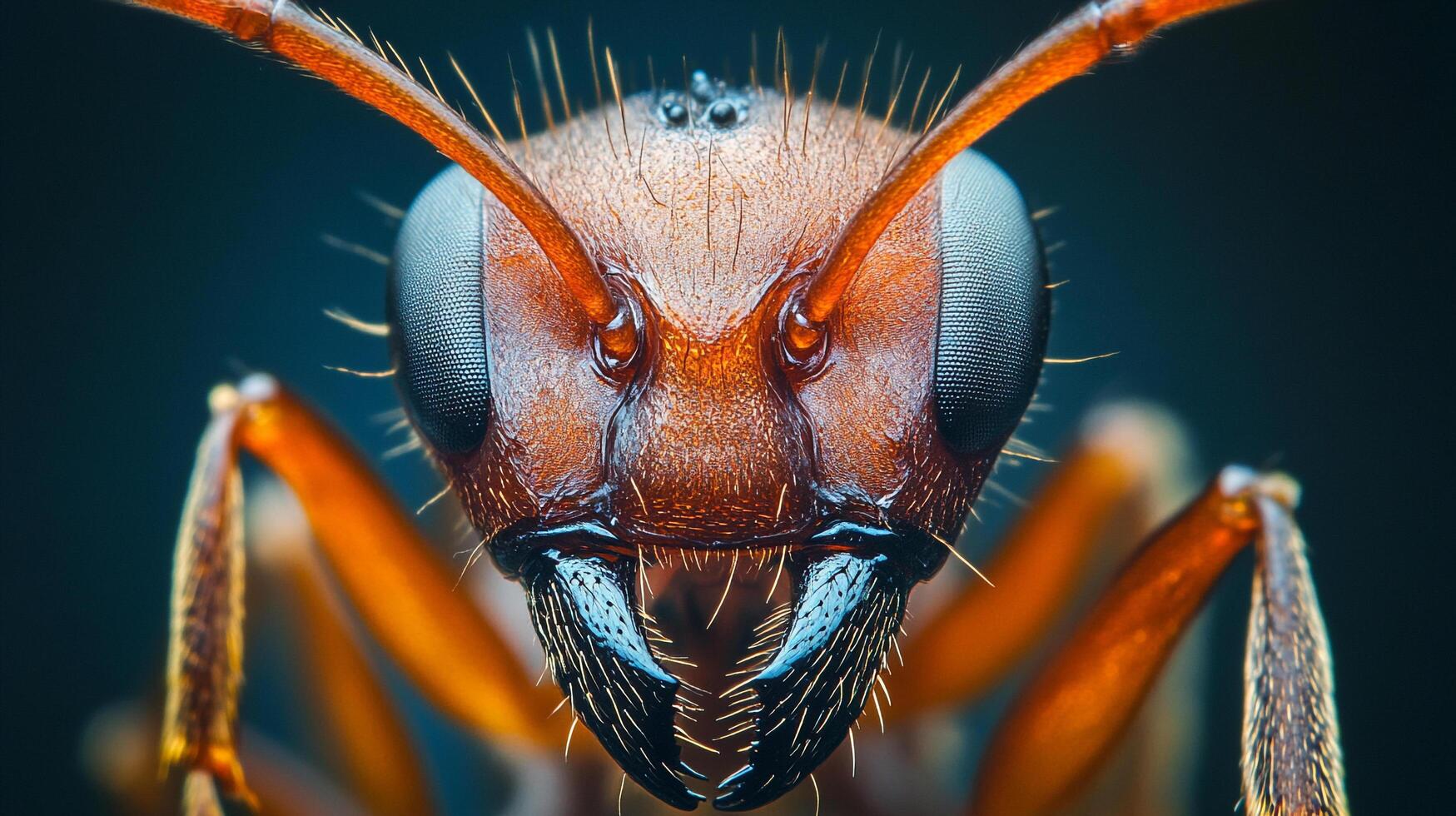 Detailed close-up of an ant's face, showcasing its intricate features and textures against a dark background. Macro insect photography. photo