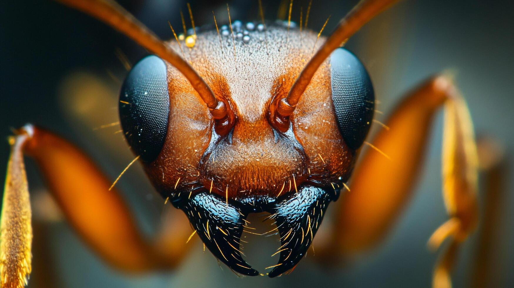 Extreme close-up captures the intricate details of an ant's head, showcasing its compound eyes, antennae, and powerful mandibles. photo