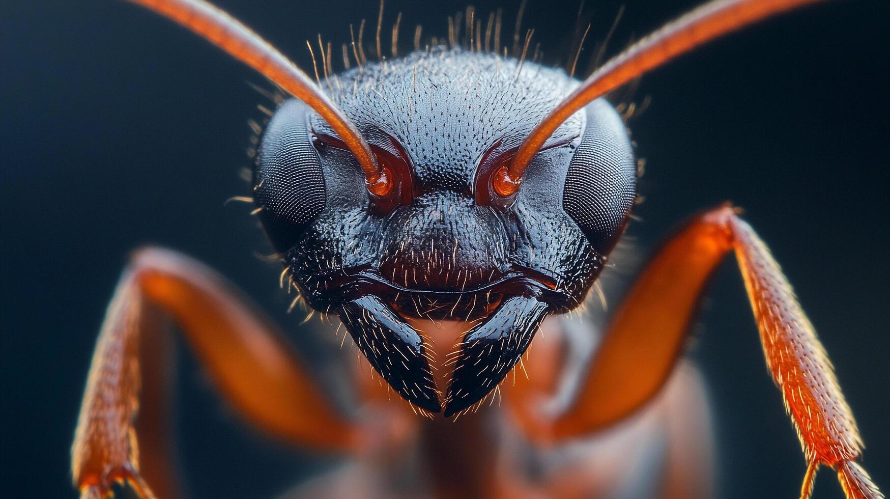 Macro photograph of an ant's head, showcasing its intricate compound eyes, antennae, and mandibles in stunning detail. photo