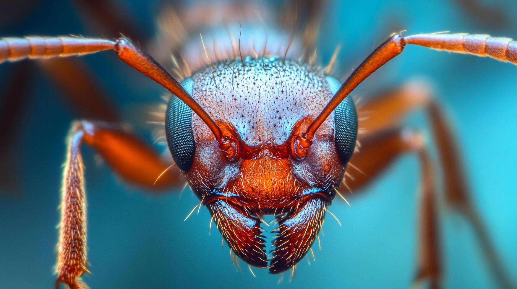 Macro photo reveals intricate details of an ant's face, showcasing complex features and sensory organs with striking clarity.