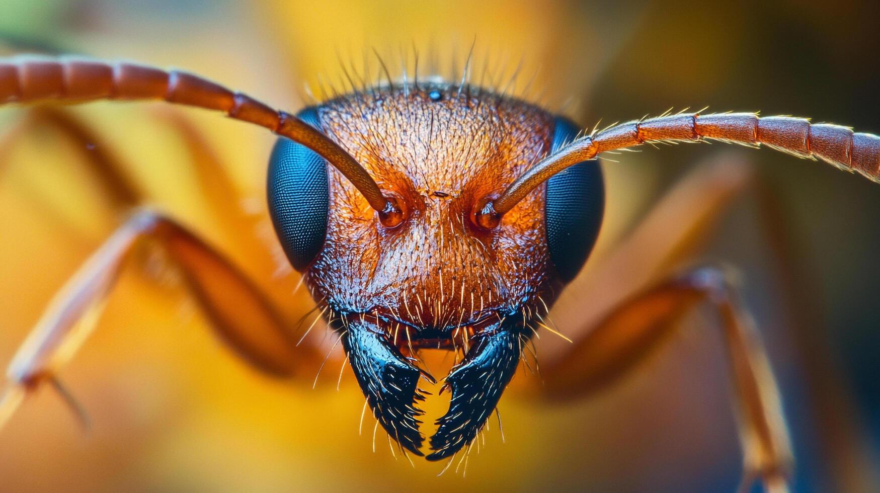 Detailed close-up of an ant's head, showcasing its intricate features, large eyes, and mandibles in vibrant, sharp focus. photo