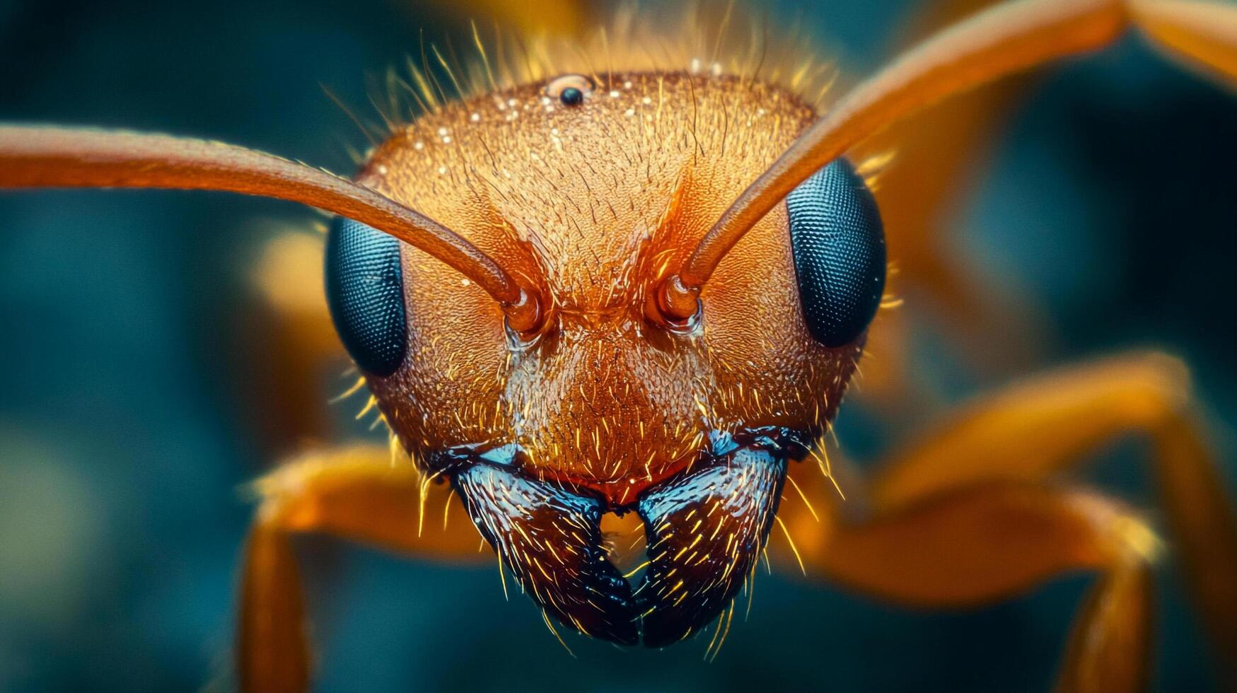 A striking close-up of an ant's face reveals intricate details of its anatomy, showcasing the beauty hidden in the miniature world. photo